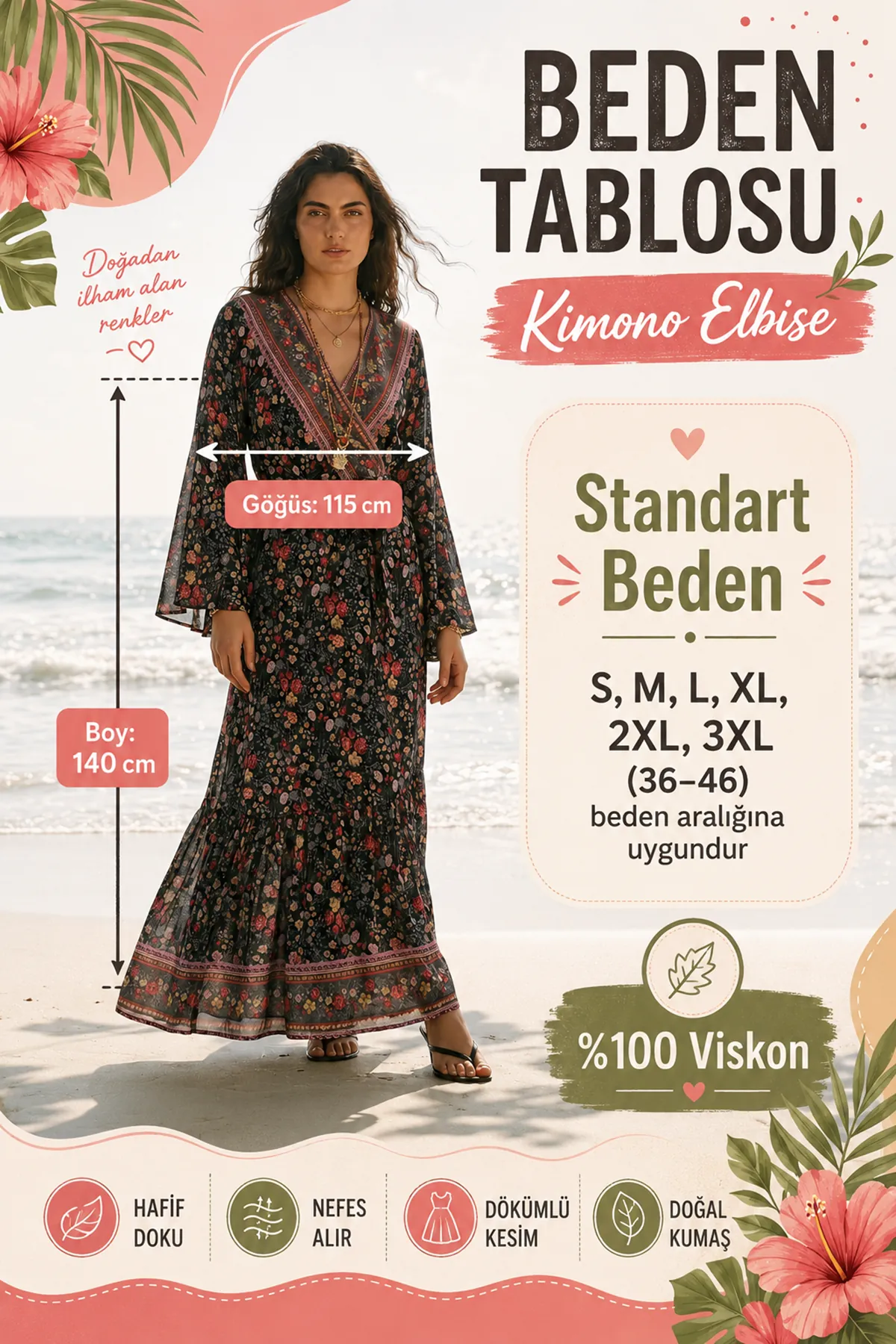 Çiçekli Siyah Viskon Kimono Elbise Yazlık Uzun Kruvaze Yaka Kuşaklı Bohem Model