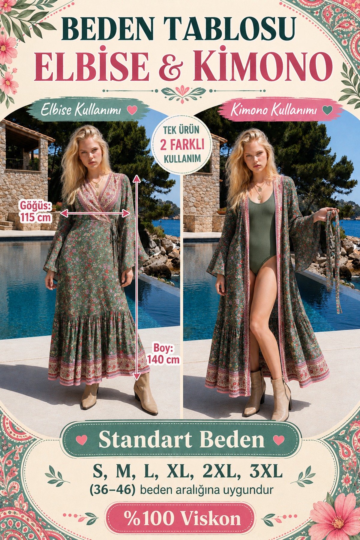 Green Floral Viscose Kimono Dress Summer Long Wrap Neck Belted Boho Model