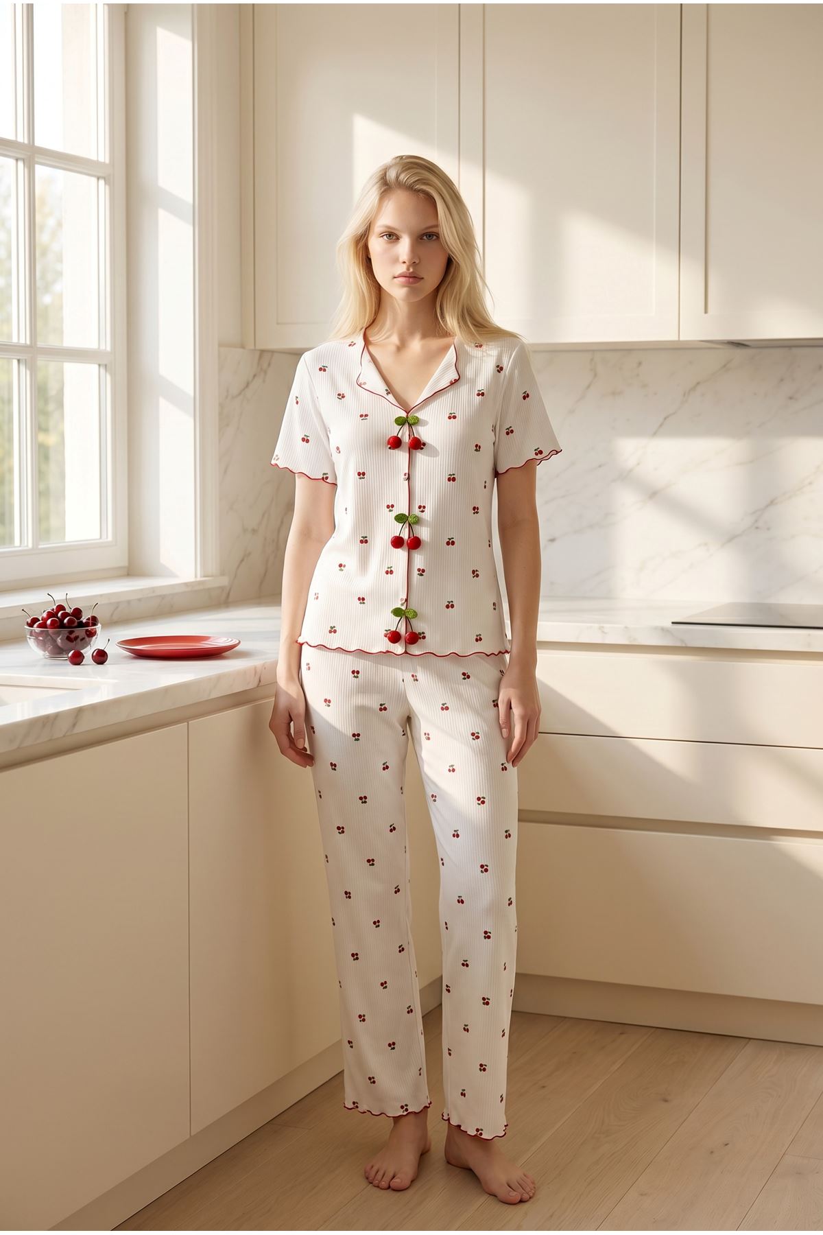 Women Cherry Button Patterned Pajama Set White Summer Short Sleeve Ribbed Model