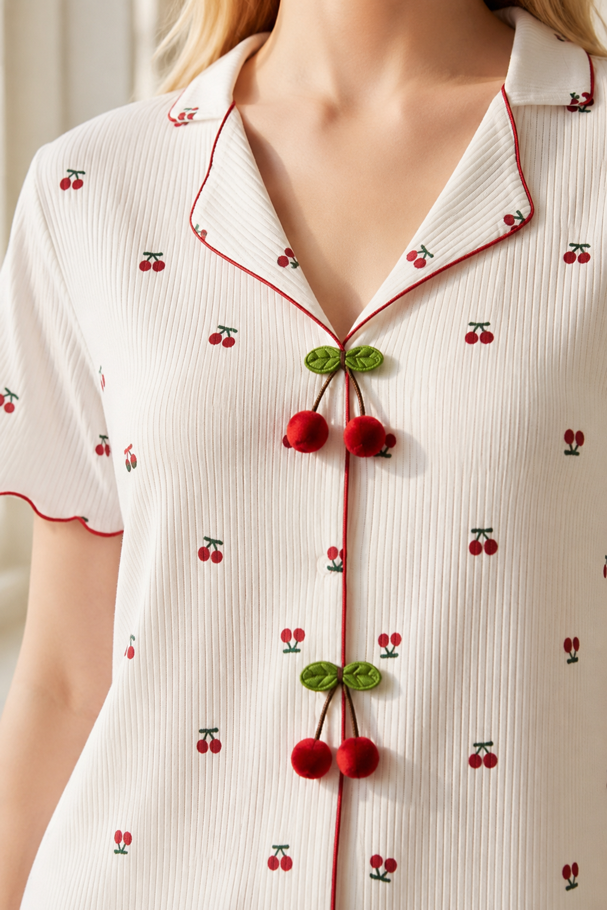 Women Cherry Button Patterned Pajama Set White Summer Short Sleeve Ribbed Model
