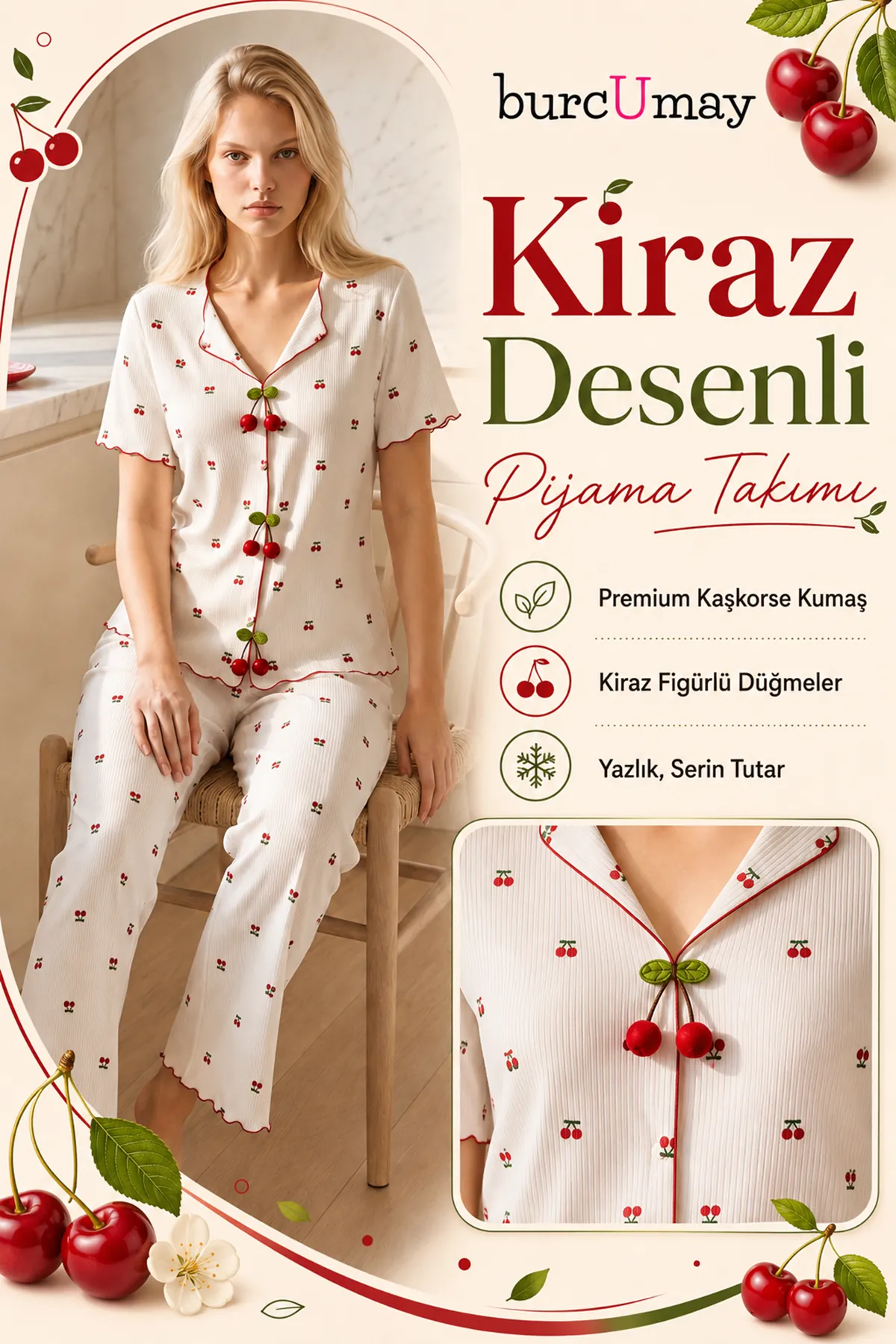 Kadın Kiraz Düğmeli Desenli Pijama Takımı Beyaz Yazlık Kısa Kollu Fitilli Model