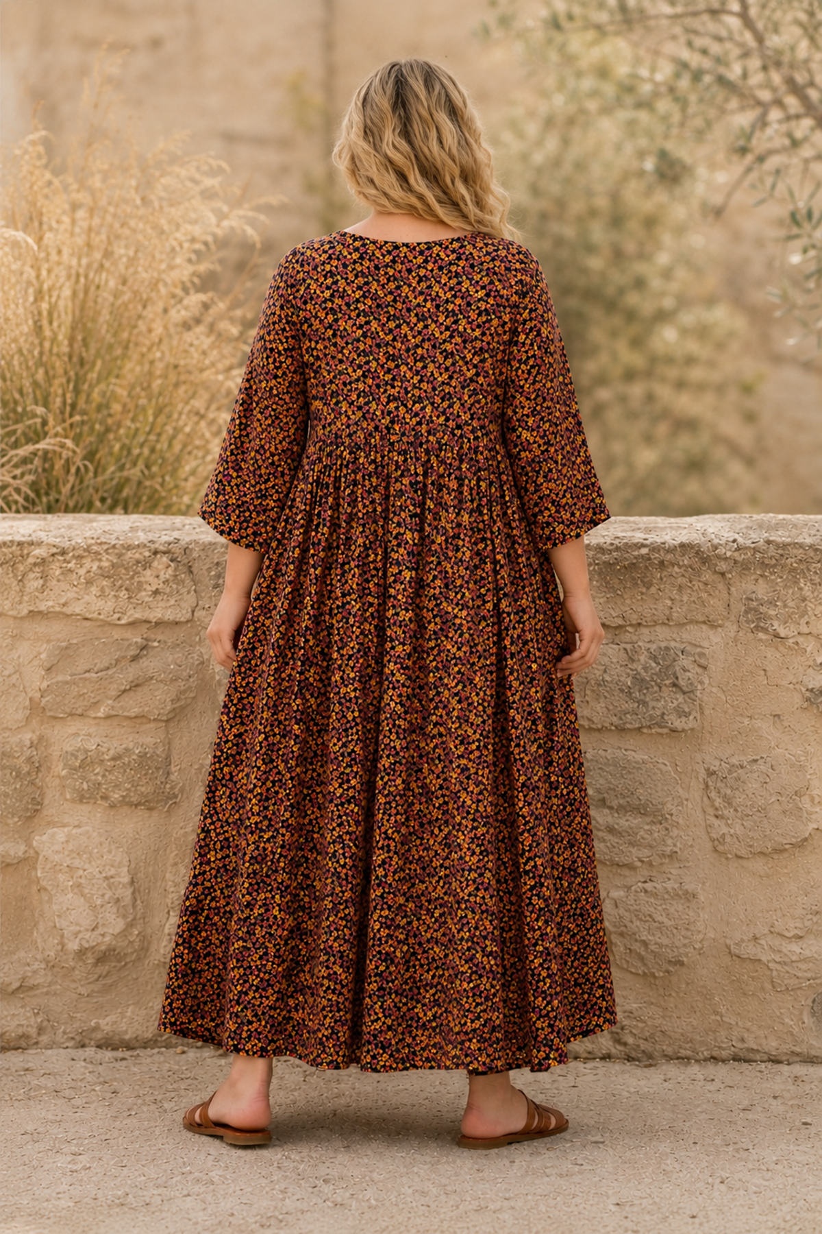 Plus Size Women Black Viscose Dress Summer Long Pocket Floral Print Relaxed Fit