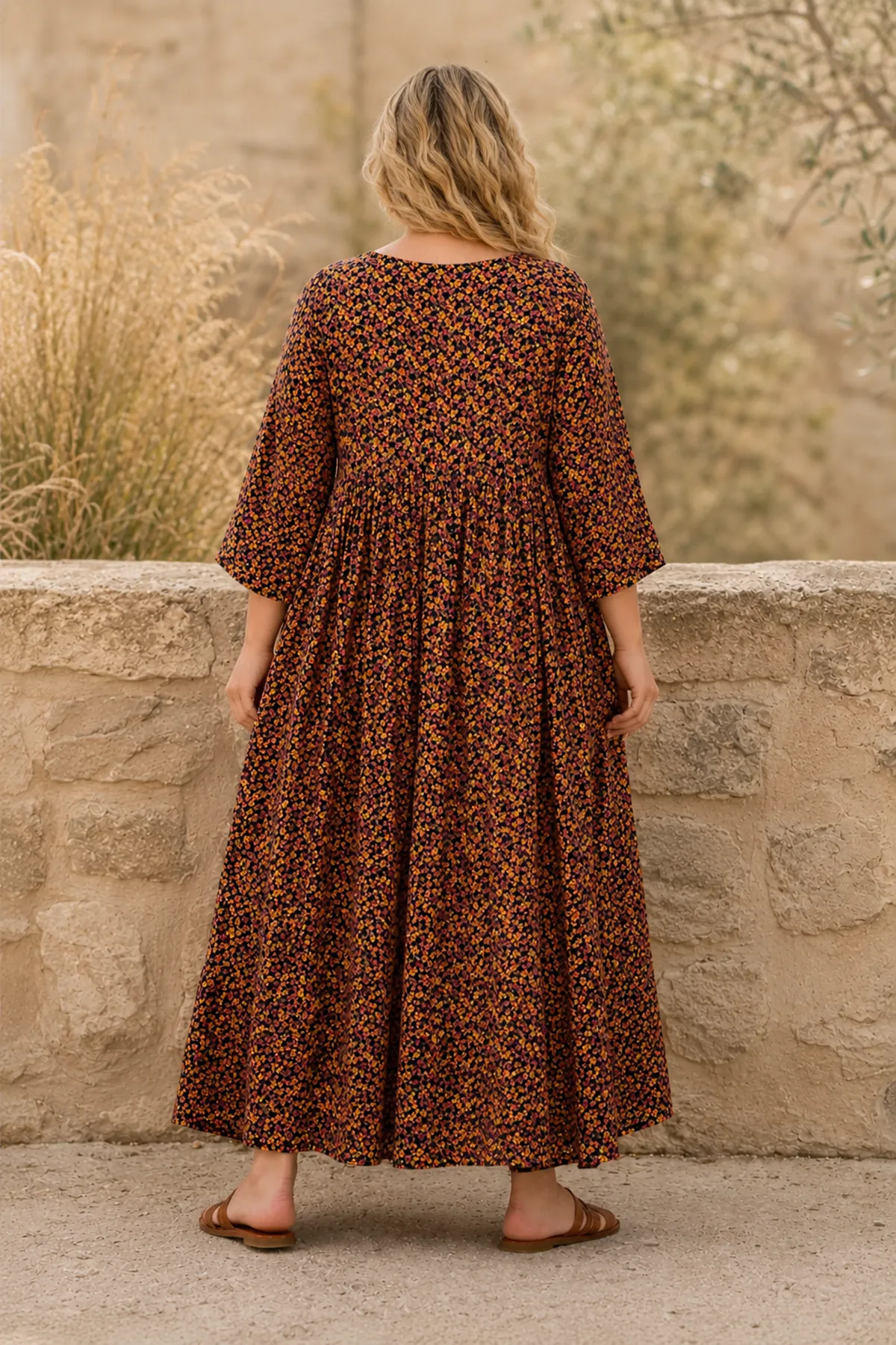 Plus Size Women Black Viscose Dress Summer Long Pocket Floral Print Relaxed Fit