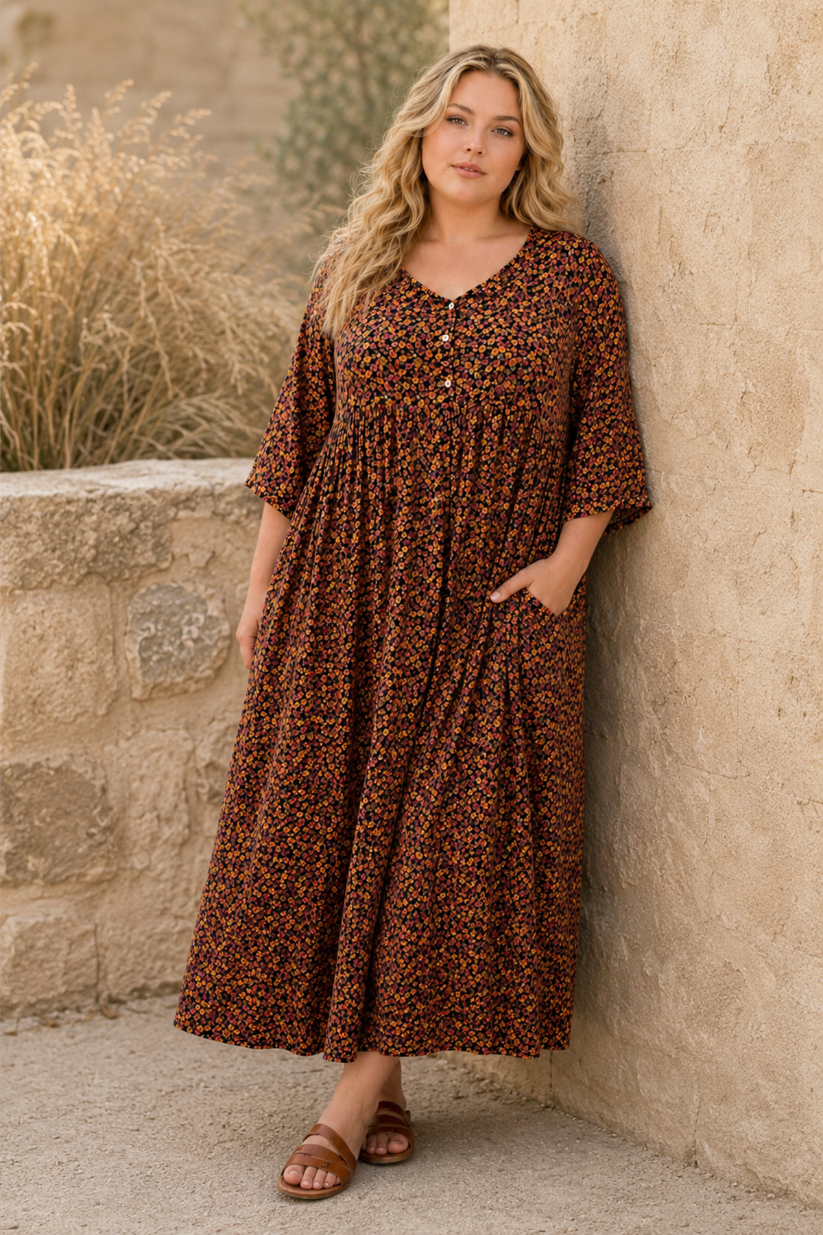 Plus Size Women Black Viscose Dress Summer Long Pocket Floral Print Relaxed Fit
