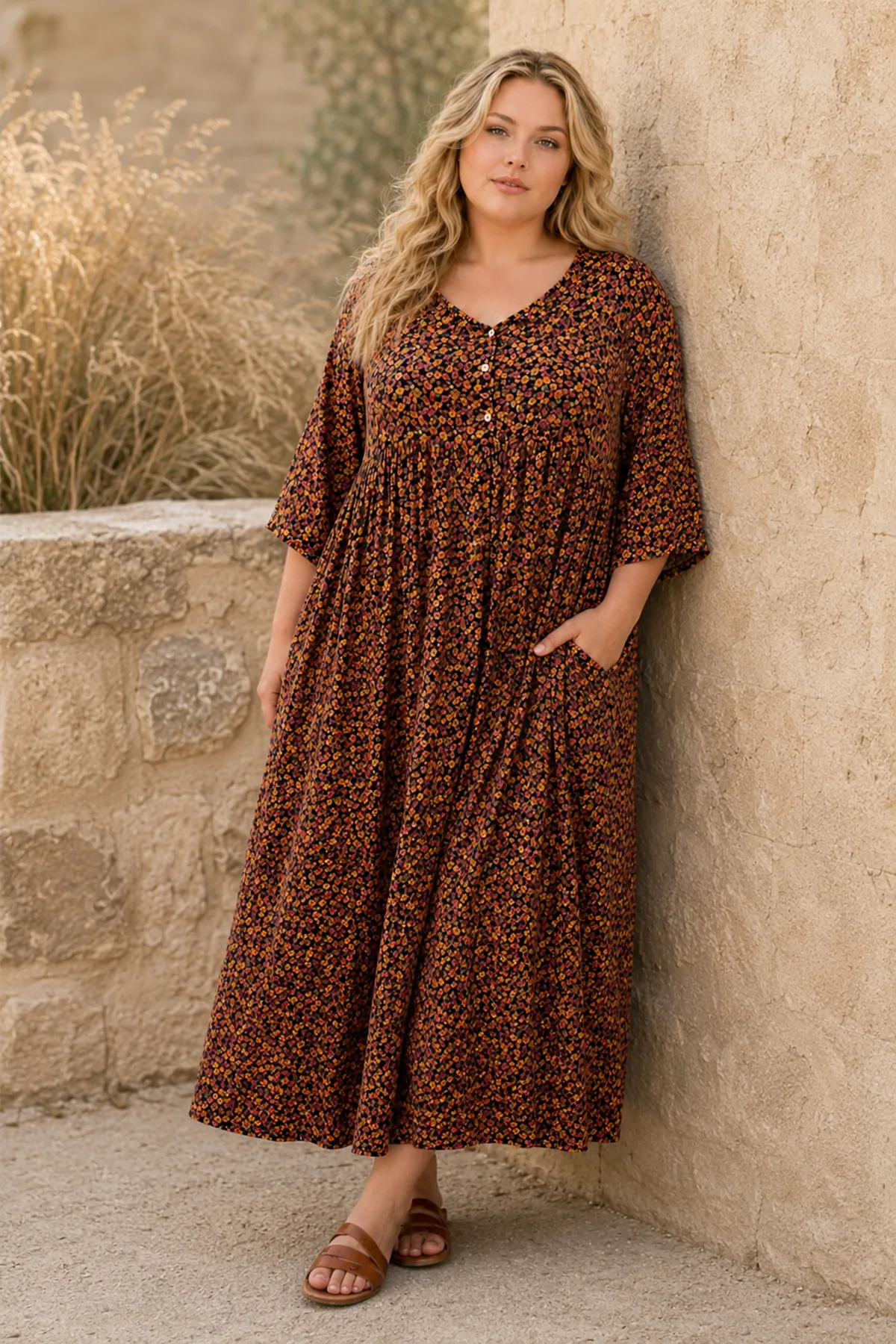 Plus Size Women Black Viscose Dress Summer Long Pocket Floral Print Relaxed Fit
