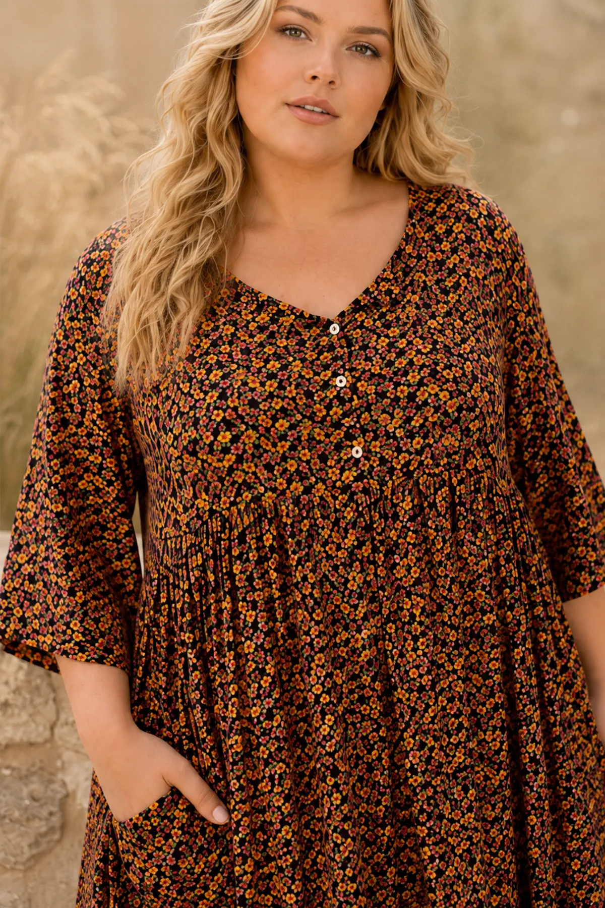 Plus Size Women Black Viscose Dress Summer Long Pocket Floral Print Relaxed Fit