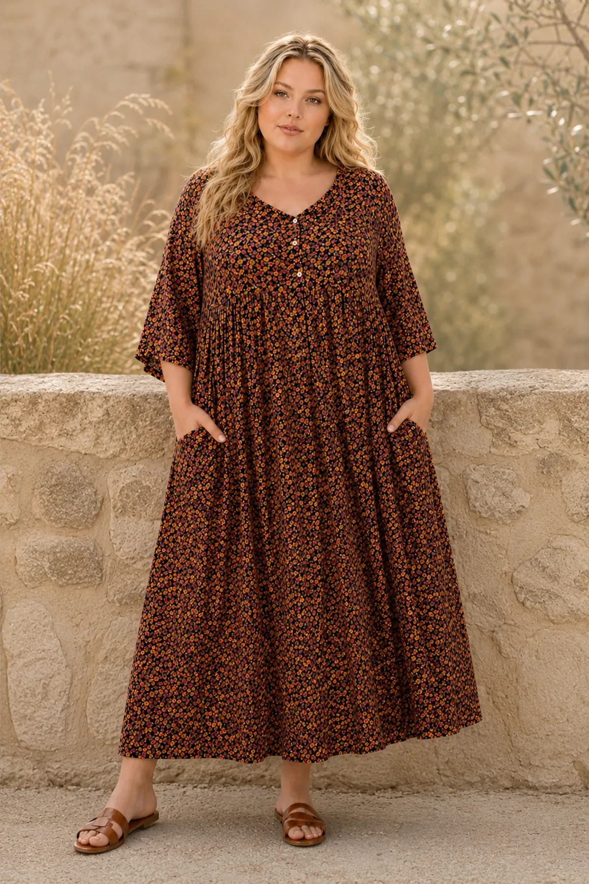Plus Size Women Black Viscose Dress Summer Long Pocket Floral Print Relaxed Fit