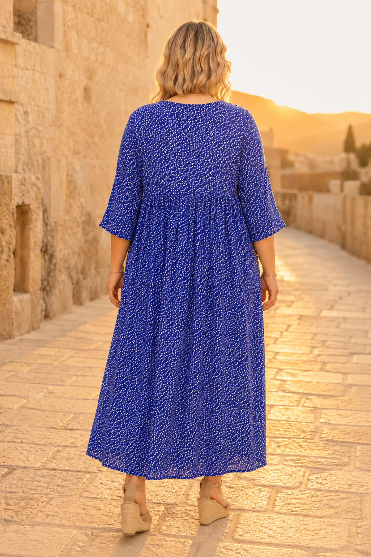 Plus Size Women Navy Viscose Dress Summer Long Buttoned Pocket Ditsy Floral Print