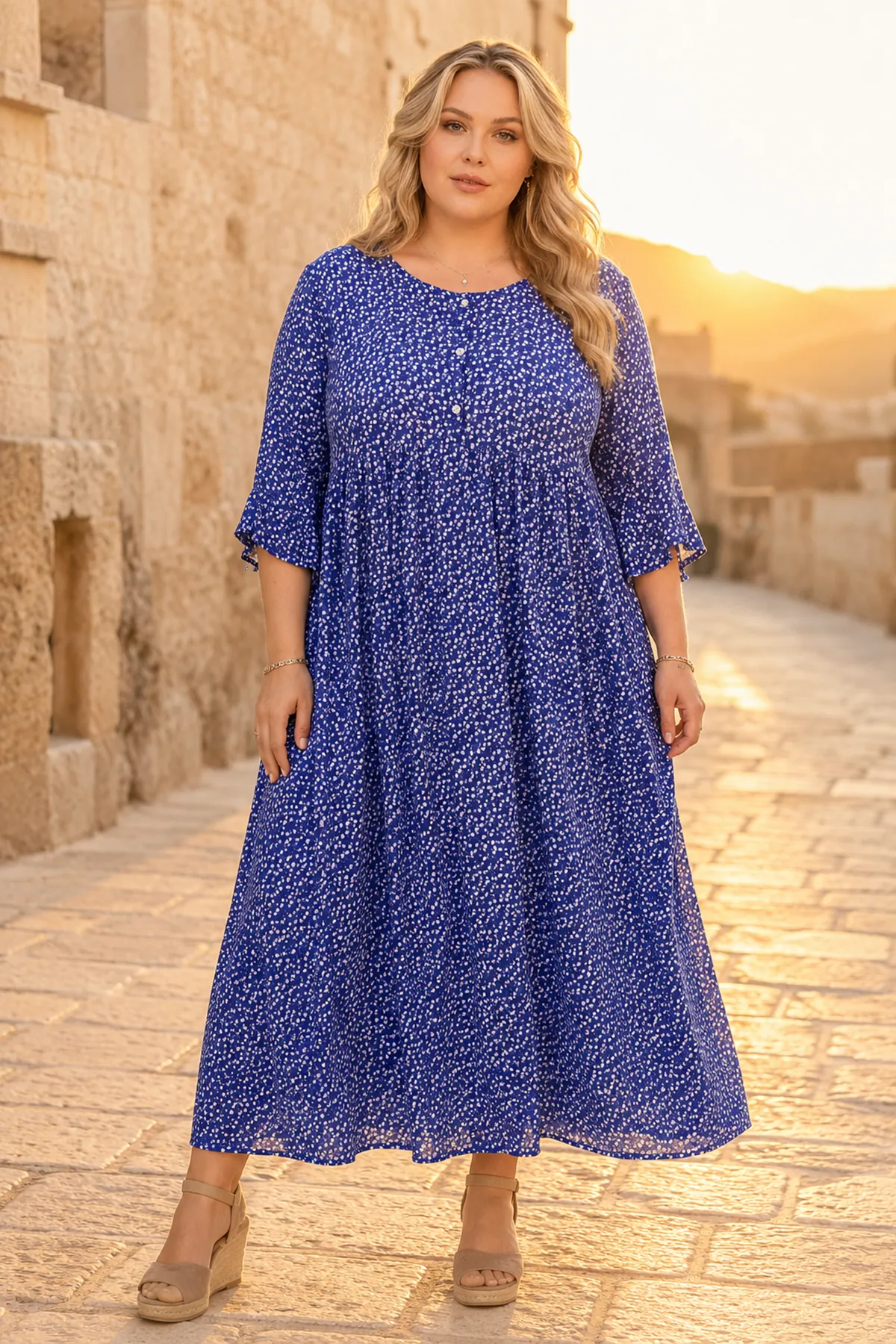 Plus Size Women Navy Viscose Dress Summer Long Buttoned Pocket Ditsy Floral Print