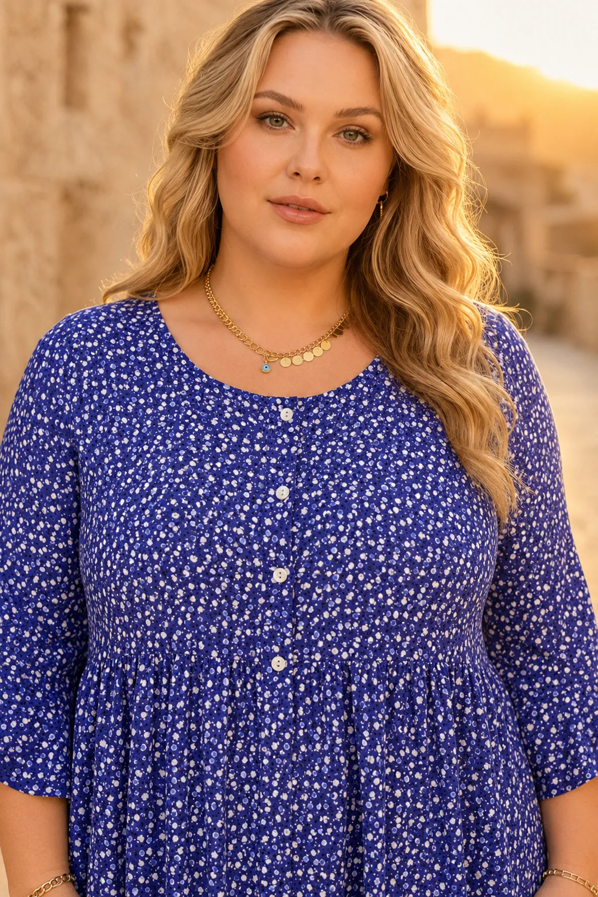 Plus Size Women Navy Viscose Dress Summer Long Buttoned Pocket Ditsy Floral Print