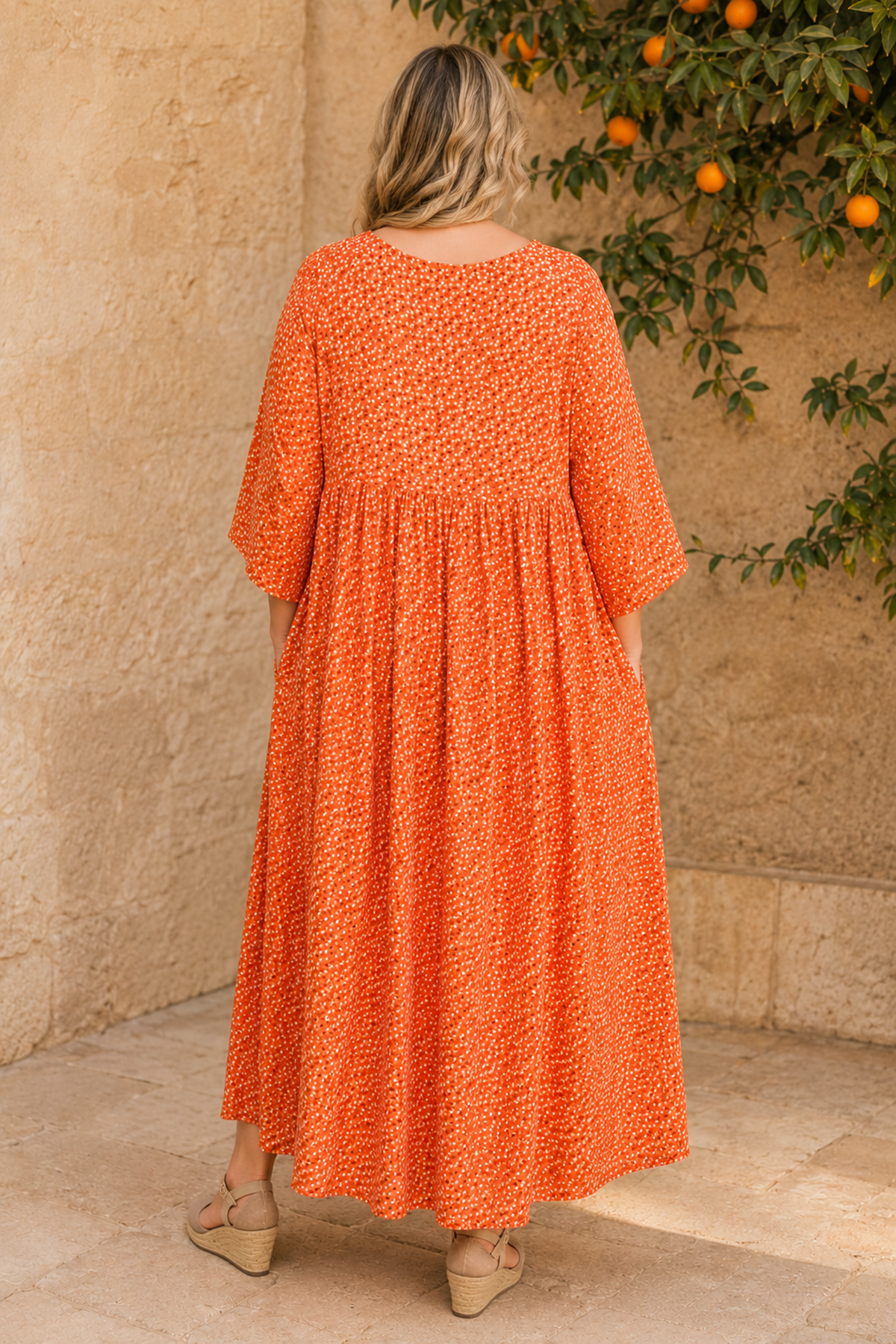 Plus Size Women Orange Viscose Dress Summer Long Buttoned Pocket Ditsy Floral Print