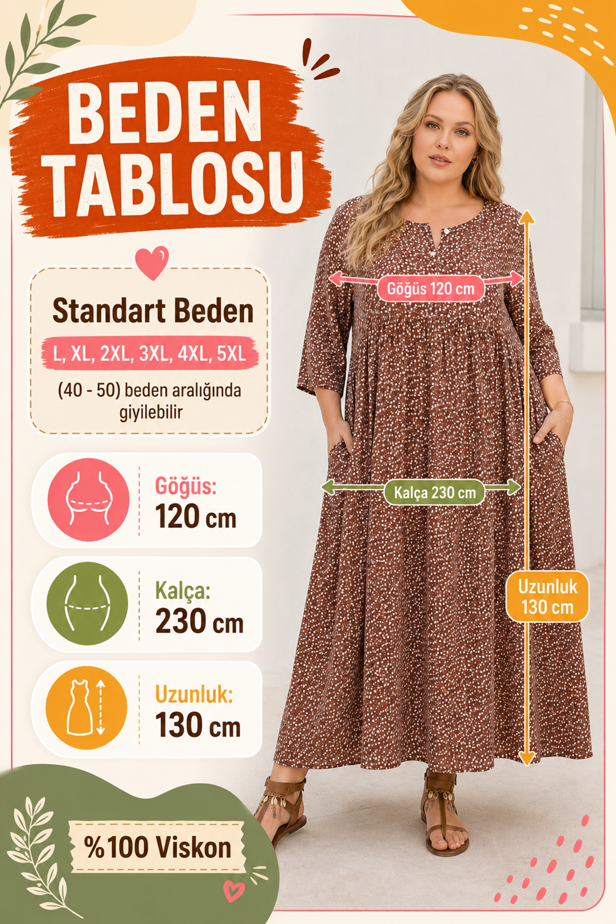 Plus Size Women Brown Viscose Dress Summer Long Buttoned Pocket Ditsy Floral Print