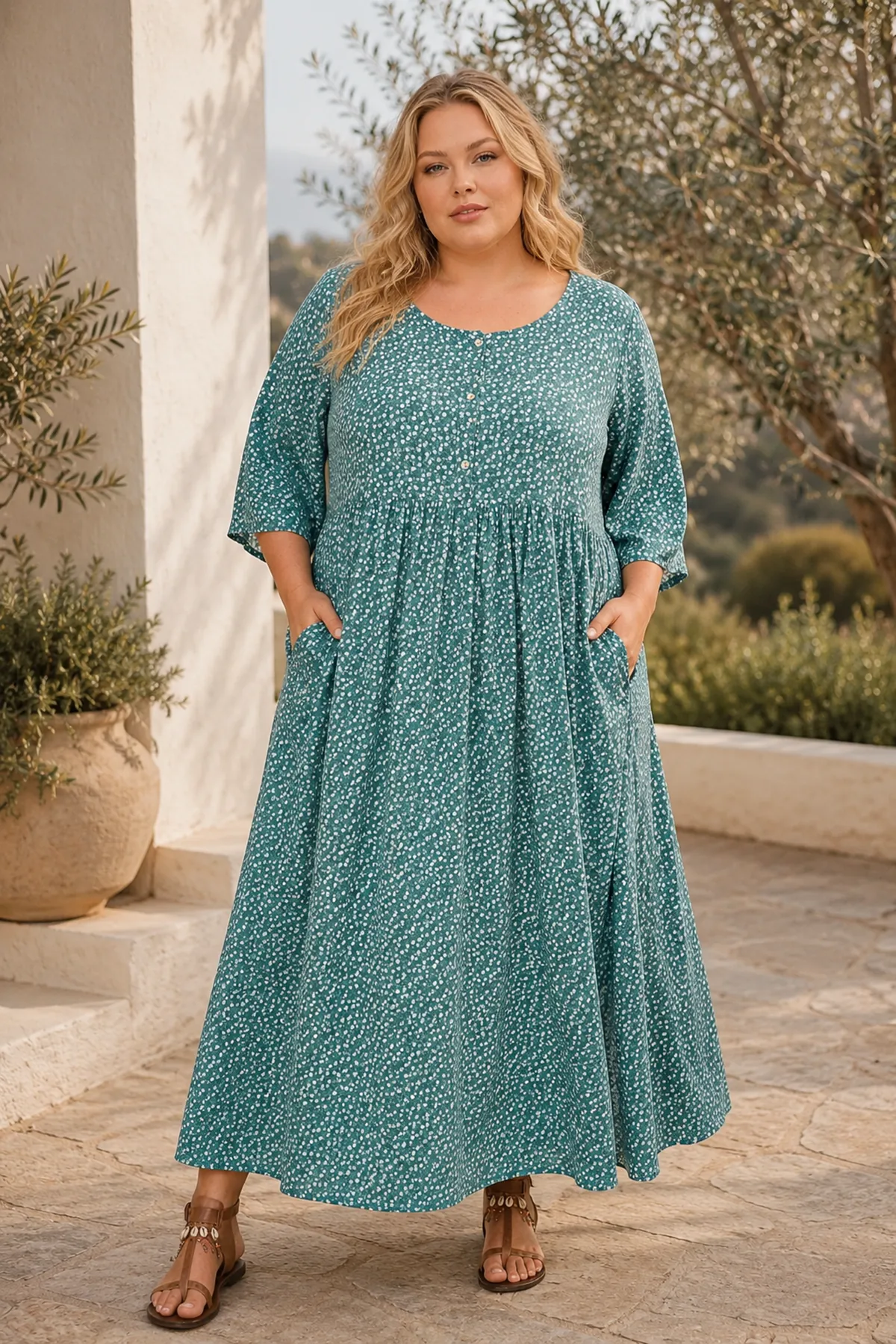 Plus Size Women Emerald Green Viscose Dress Summer Long Buttoned Pocket Ditsy Floral Print