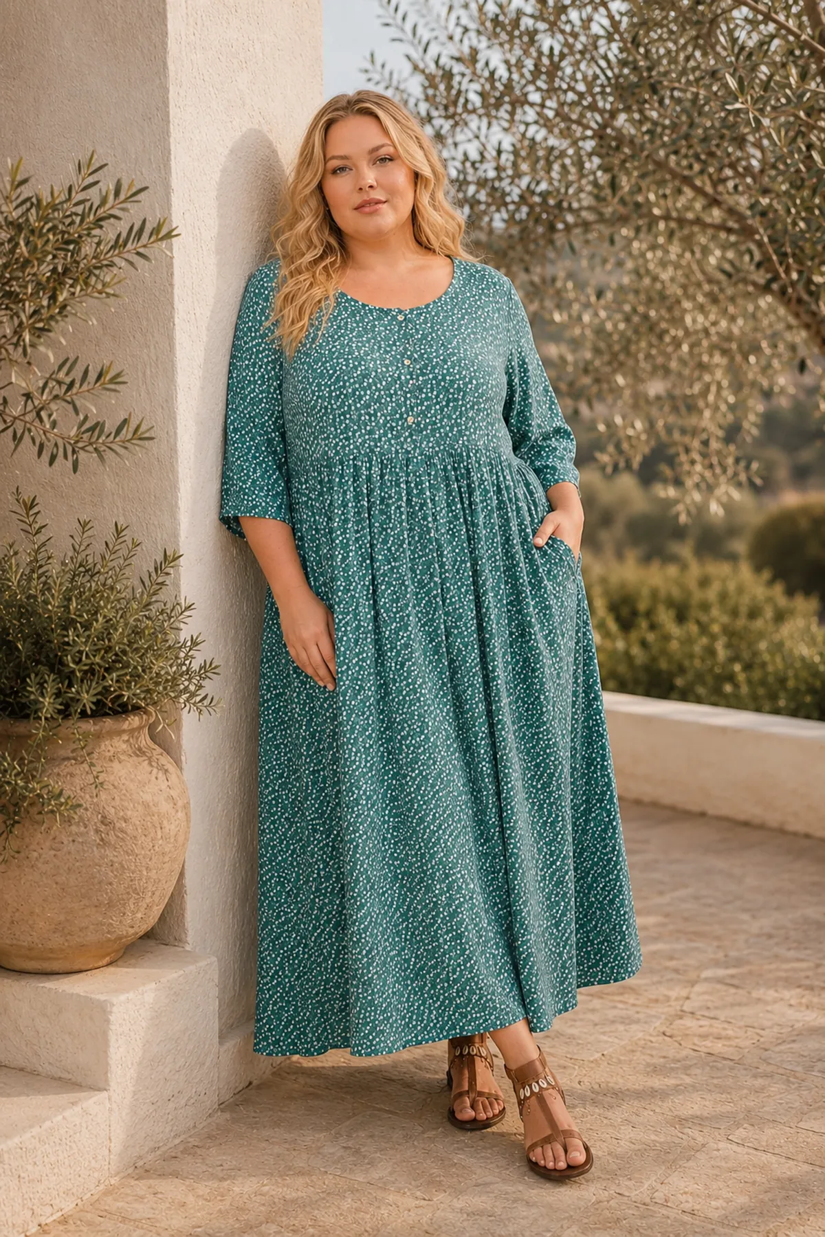 Plus Size Women Emerald Green Viscose Dress Summer Long Buttoned Pocket Ditsy Floral Print