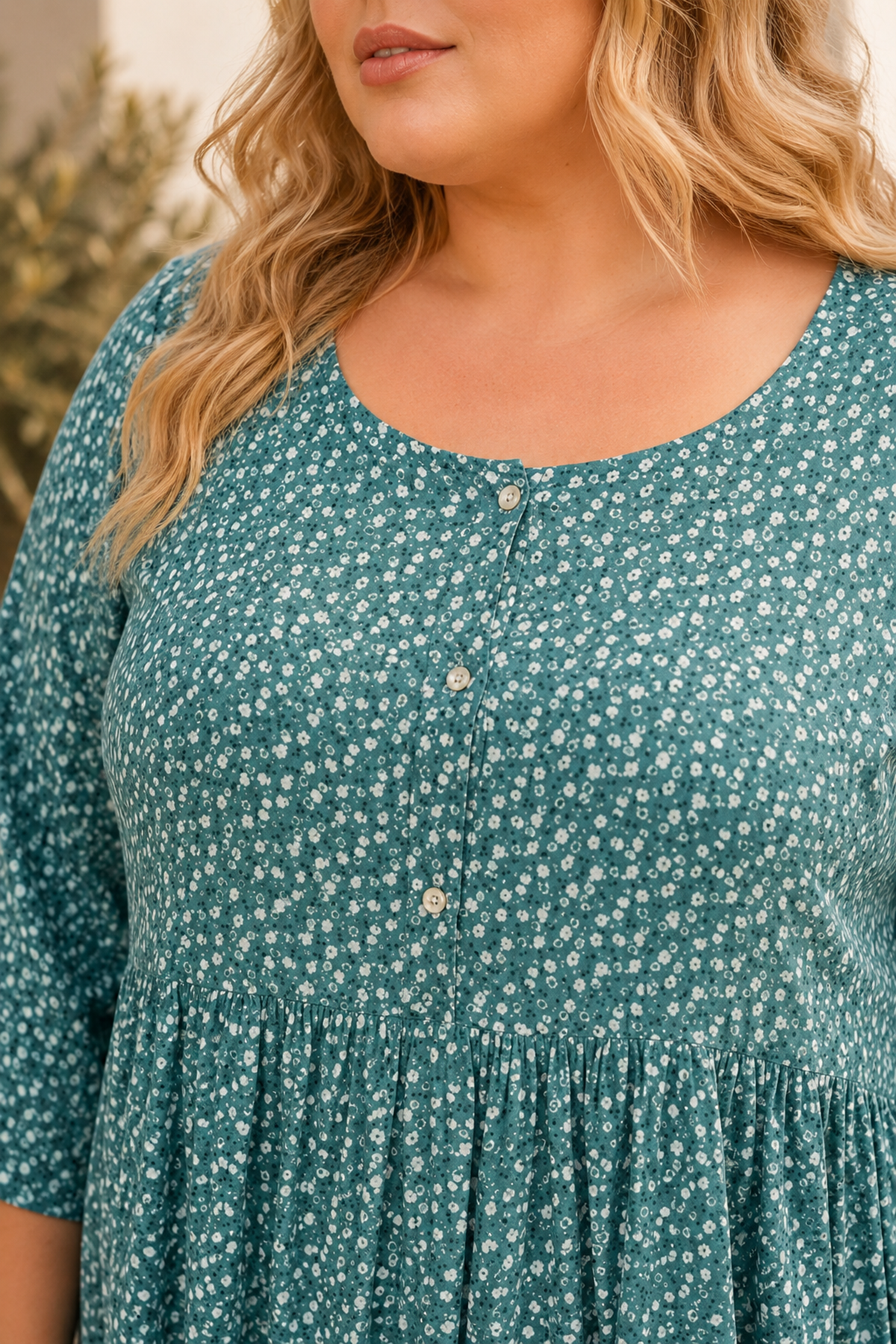 Plus Size Women Emerald Green Viscose Dress Summer Long Buttoned Pocket Ditsy Floral Print