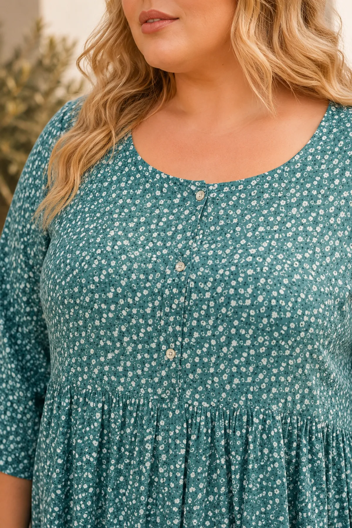 Plus Size Women Emerald Green Viscose Dress Summer Long Buttoned Pocket Ditsy Floral Print