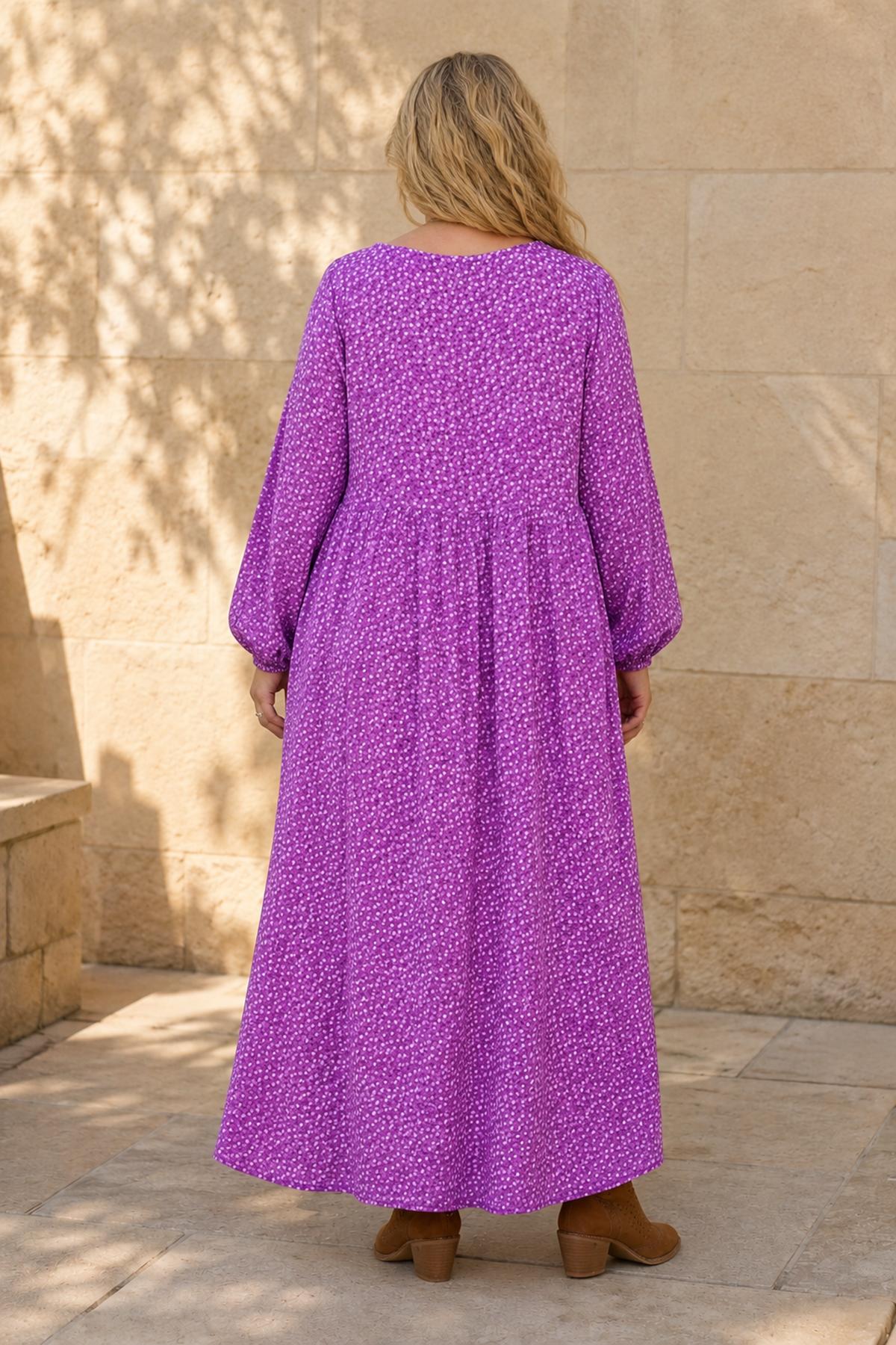 Plus Size Women Lilac Purple Viscose Dress Tassel Neck Summer Long Sleeve Ditsy Floral Print