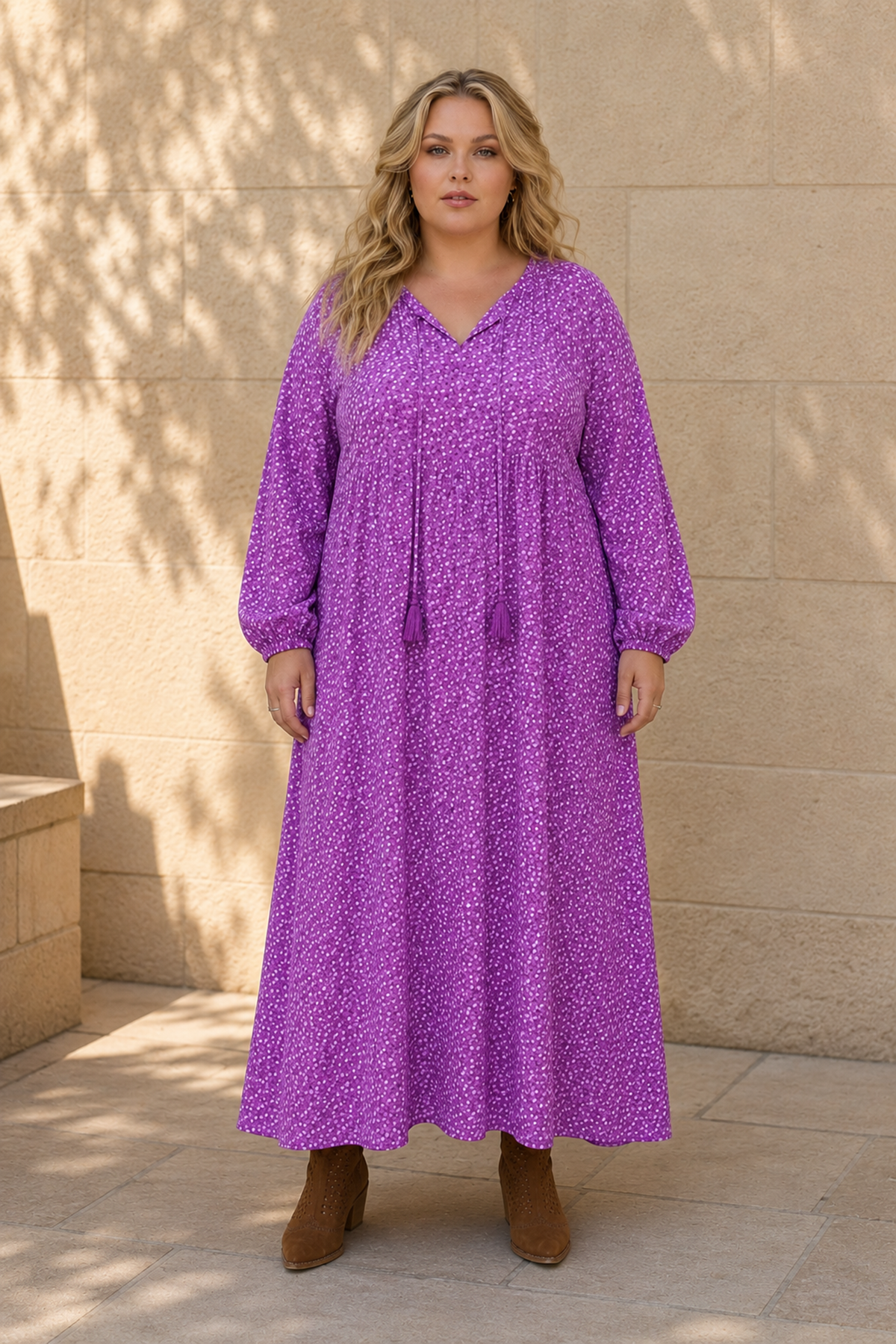 Plus Size Women Lilac Purple Viscose Dress Tassel Neck Summer Long Sleeve Ditsy Floral Print