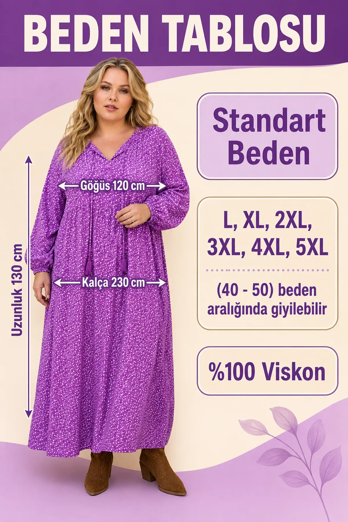 Kadın Büyük Beden Mor Leylak Viskon Elbise Püsküllü Yaka Yazlık Uzun Kollu Çıtır Çiçek Desenli