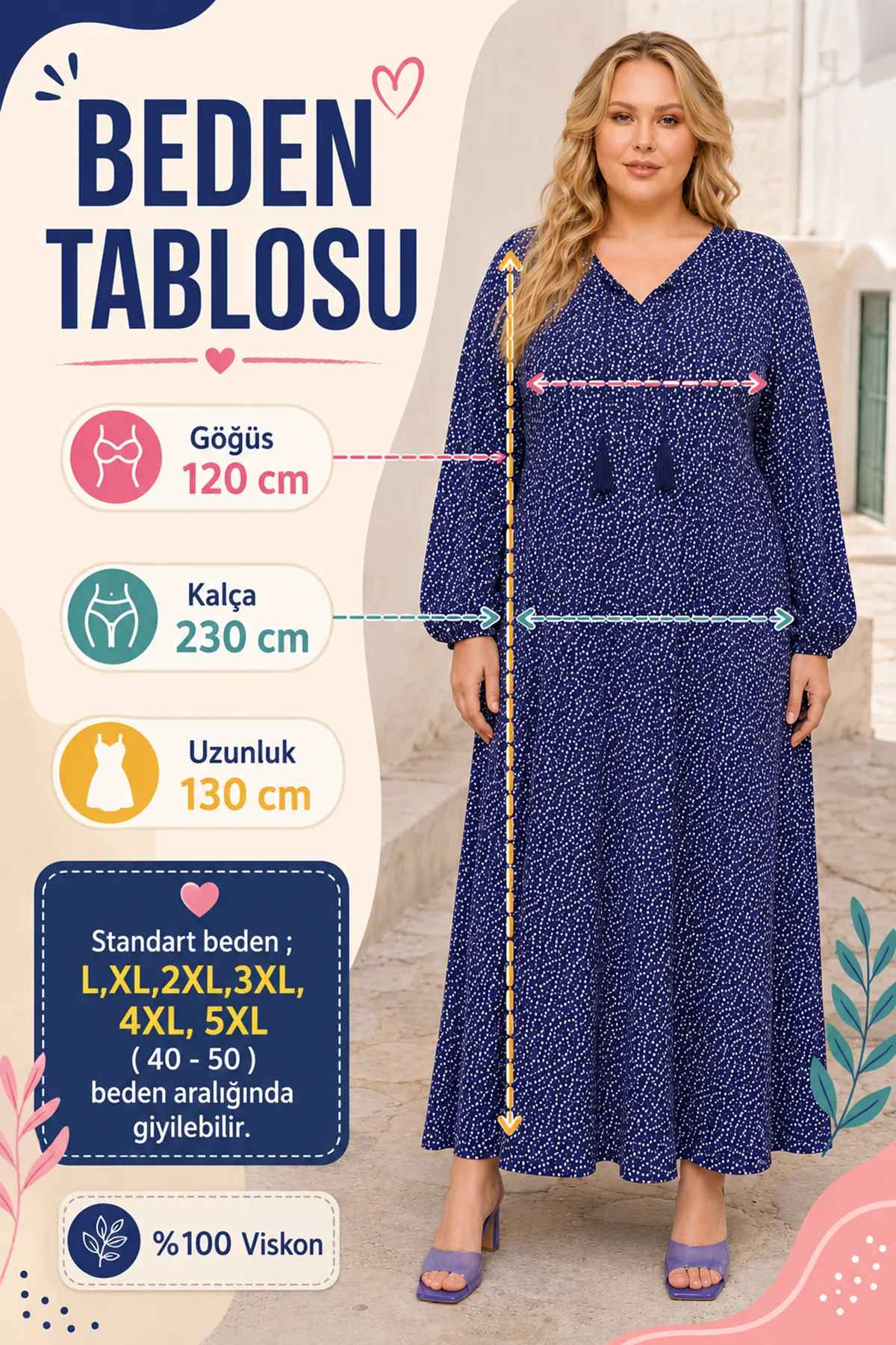 Kadın Büyük Beden Lacivert Viskon Elbise Püsküllü Yaka Yazlık Uzun Kollu Çıtır Çiçek Desenli