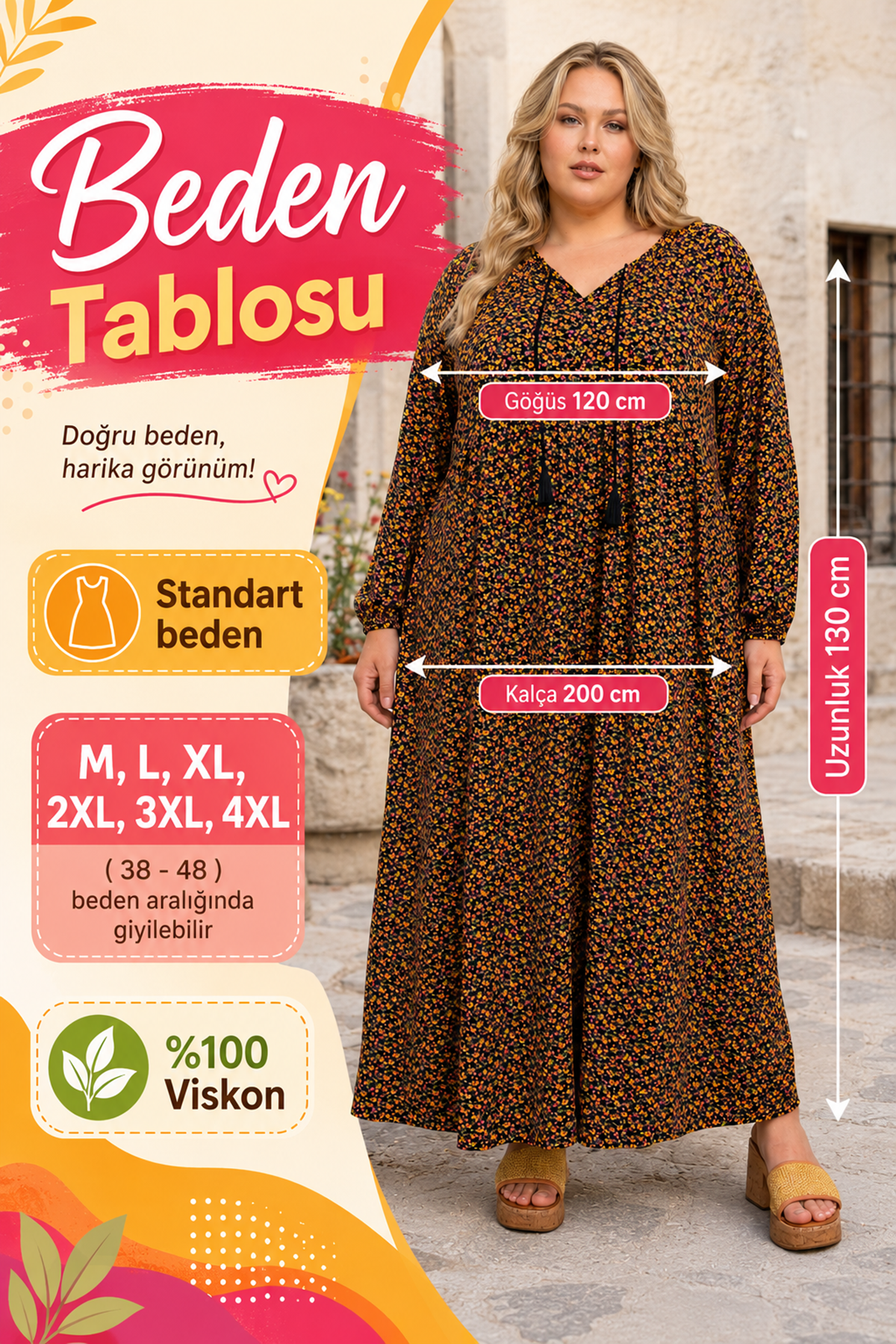 Kadın Büyük Beden Siyah Viskon Elbise Püsküllü Yaka Yazlık Uzun Kollu Çiçek Desenli