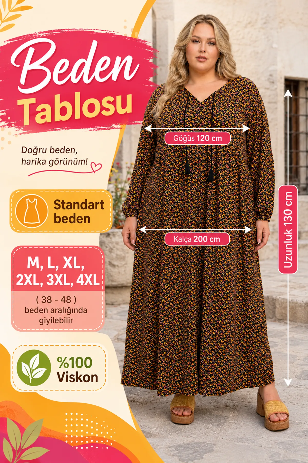 Kadın Büyük Beden Siyah Viskon Elbise Püsküllü Yaka Yazlık Uzun Kollu Çiçek Desenli