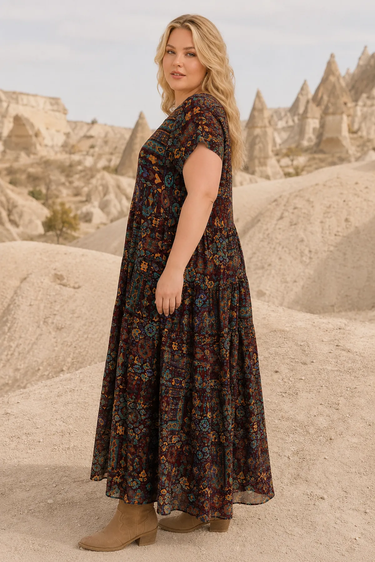 Kadın Büyük Beden Kahverengi Viskon Elbise Cepli Etnik Desenli Yazlık Uzun Boho Model