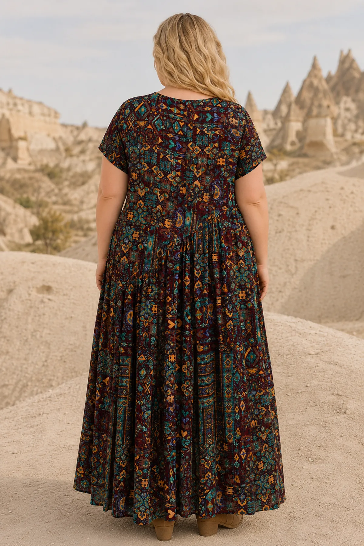 Kadın Büyük Beden Kahverengi Viskon Elbise Cepli Etnik Desenli Yazlık Uzun Boho Model