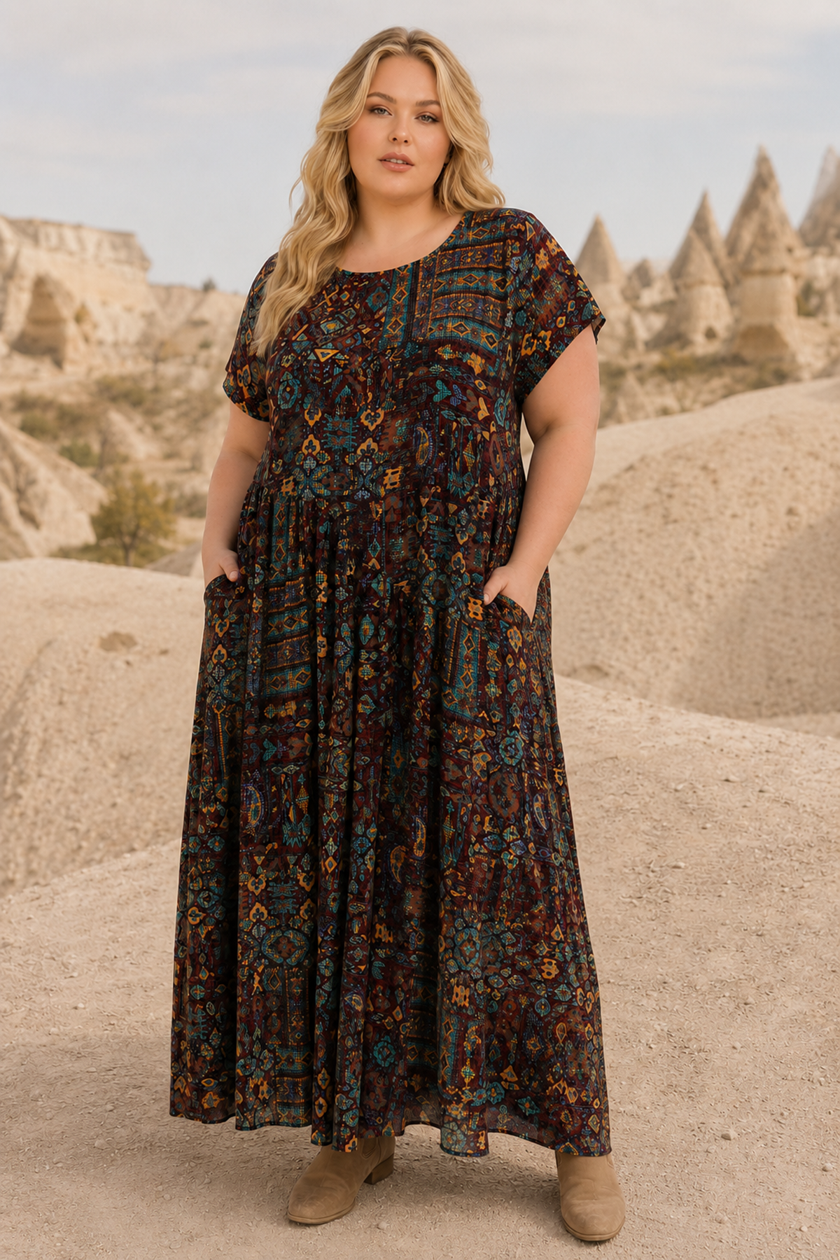 Plus Size Women Brown Viscose Dress Pocket Ethnic Print Summer Long Boho Model
