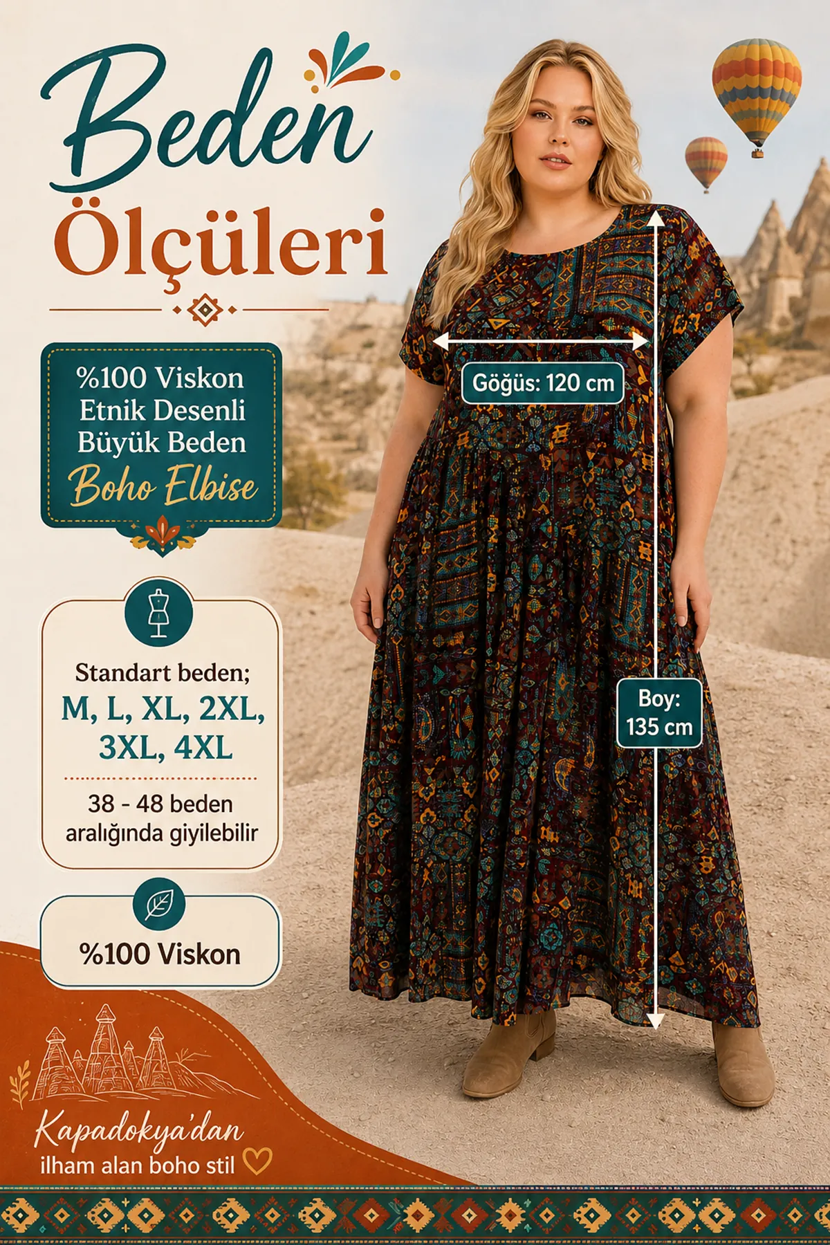 Kadın Büyük Beden Kahverengi Viskon Elbise Cepli Etnik Desenli Yazlık Uzun Boho Model