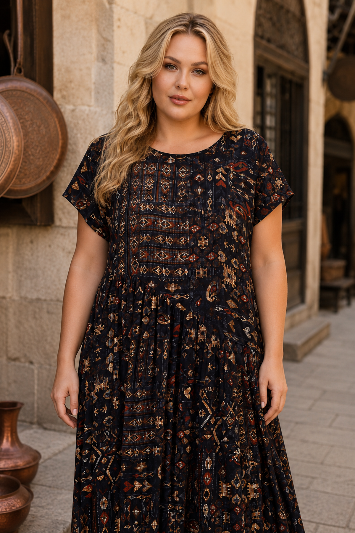 Kadın Büyük Beden Siyah Kısa Kol Viskon Elbise Cepli Etnik Desenli Yazlık Uzun Boho Model