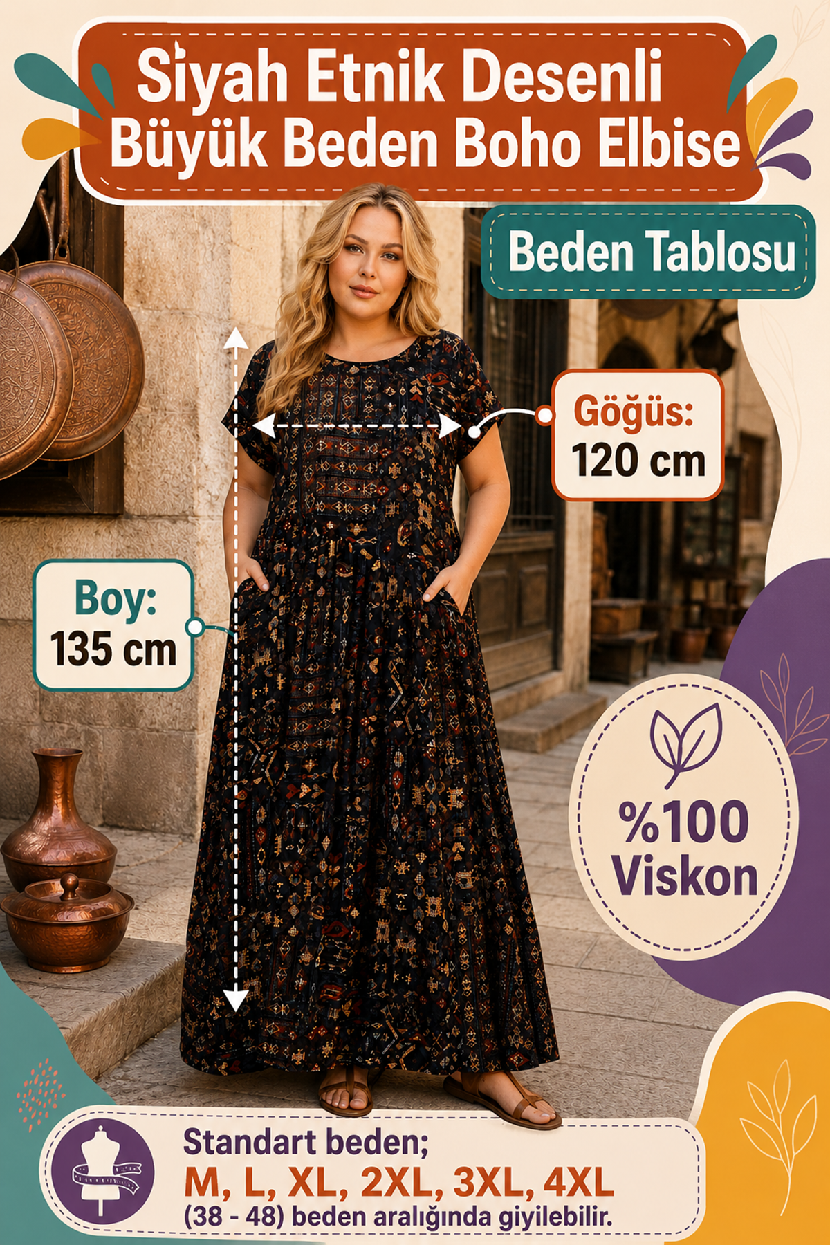 Kadın Büyük Beden Siyah Kısa Kol Viskon Elbise Cepli Etnik Desenli Yazlık Uzun Boho Model