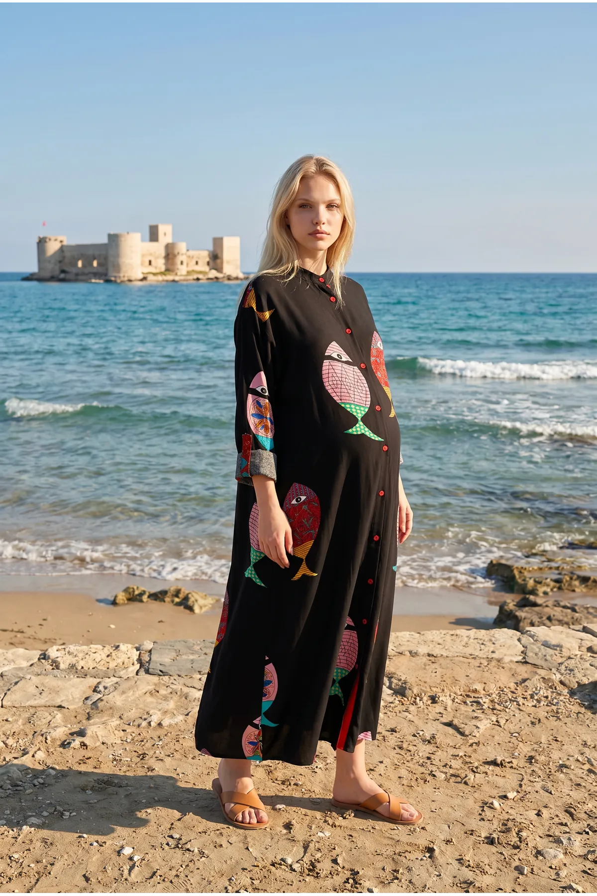 Women’s Black Viscose Maternity Dress Mandarin Collar Three Quarter Sleeve Summer Long Fish Print Shirt Model