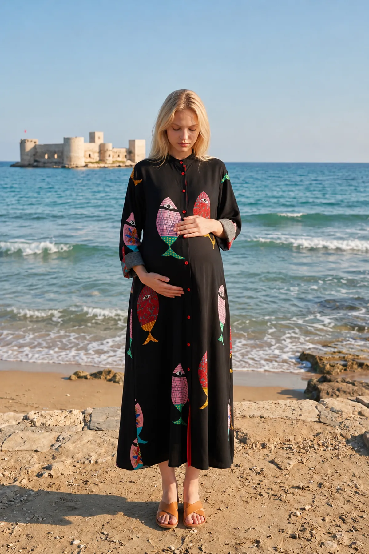 Women’s Black Viscose Maternity Dress Mandarin Collar Three Quarter Sleeve Summer Long Fish Print Shirt Model