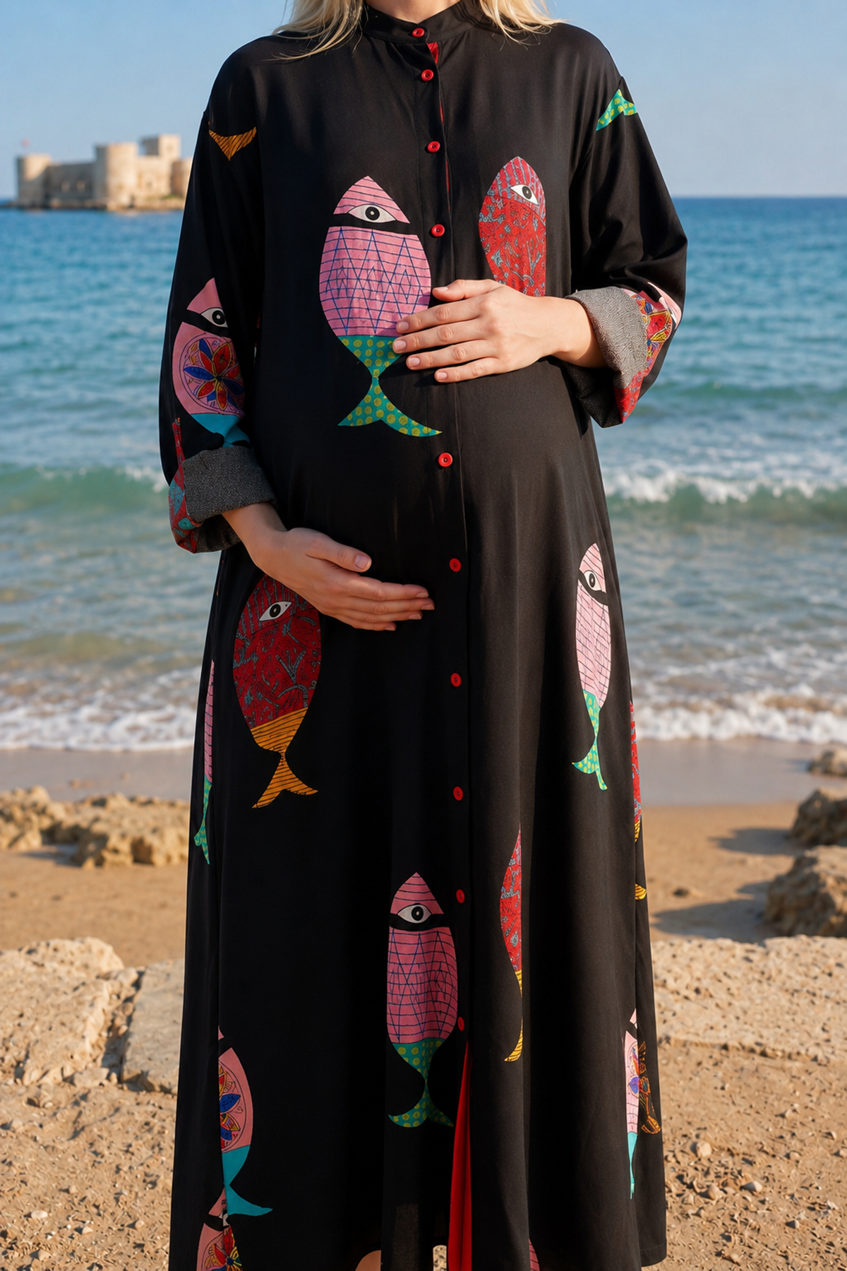 Women’s Black Viscose Maternity Dress Mandarin Collar Three Quarter Sleeve Summer Long Fish Print Shirt Model