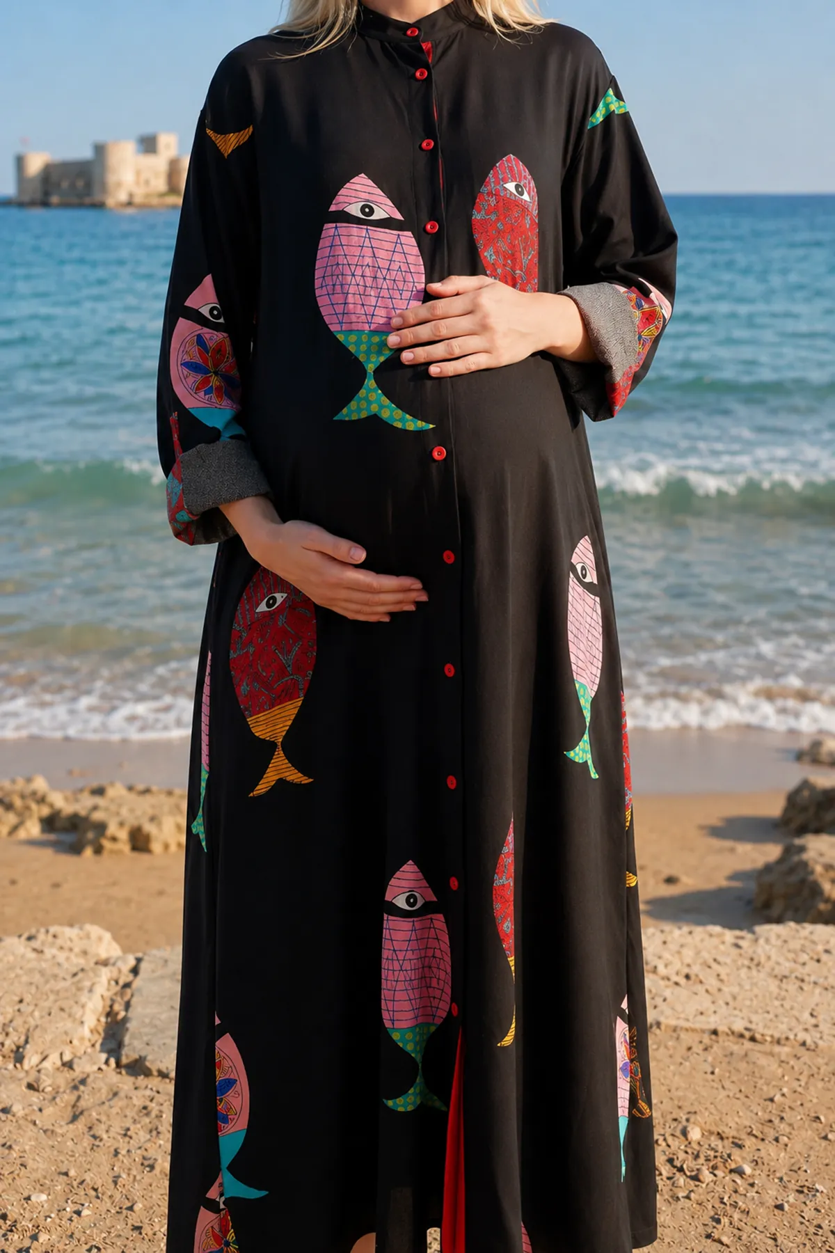 Women’s Black Viscose Maternity Dress Mandarin Collar Three Quarter Sleeve Summer Long Fish Print Shirt Model