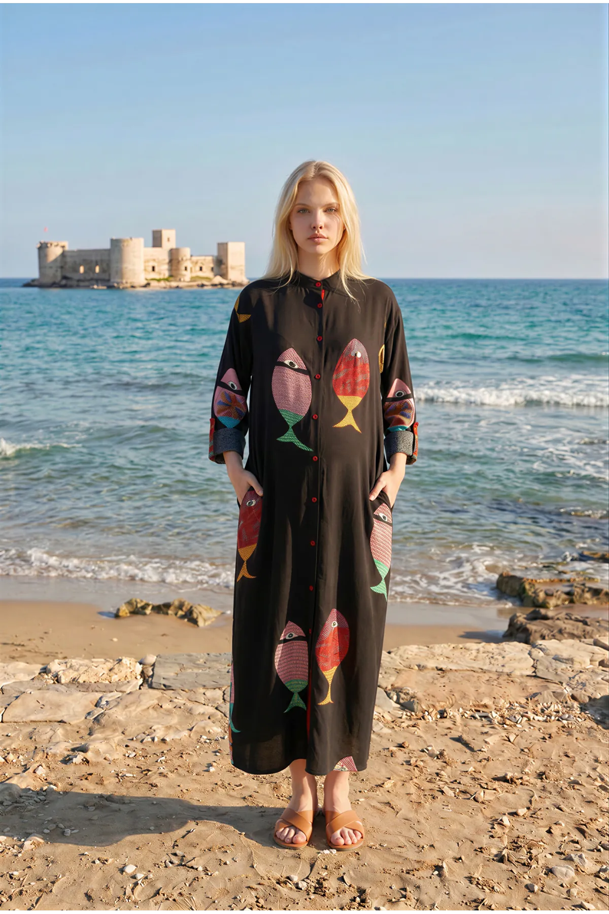 Women’s Black Viscose Maternity Dress Mandarin Collar Three Quarter Sleeve Summer Long Fish Print Shirt Model