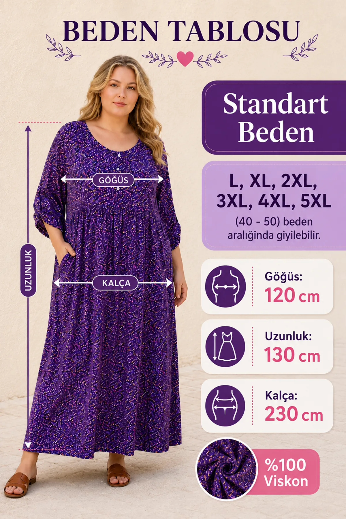 Büyük Beden Kadın Çiçek Desenli Viskon Elbise Mor Yazlık Uzun Cepli Model