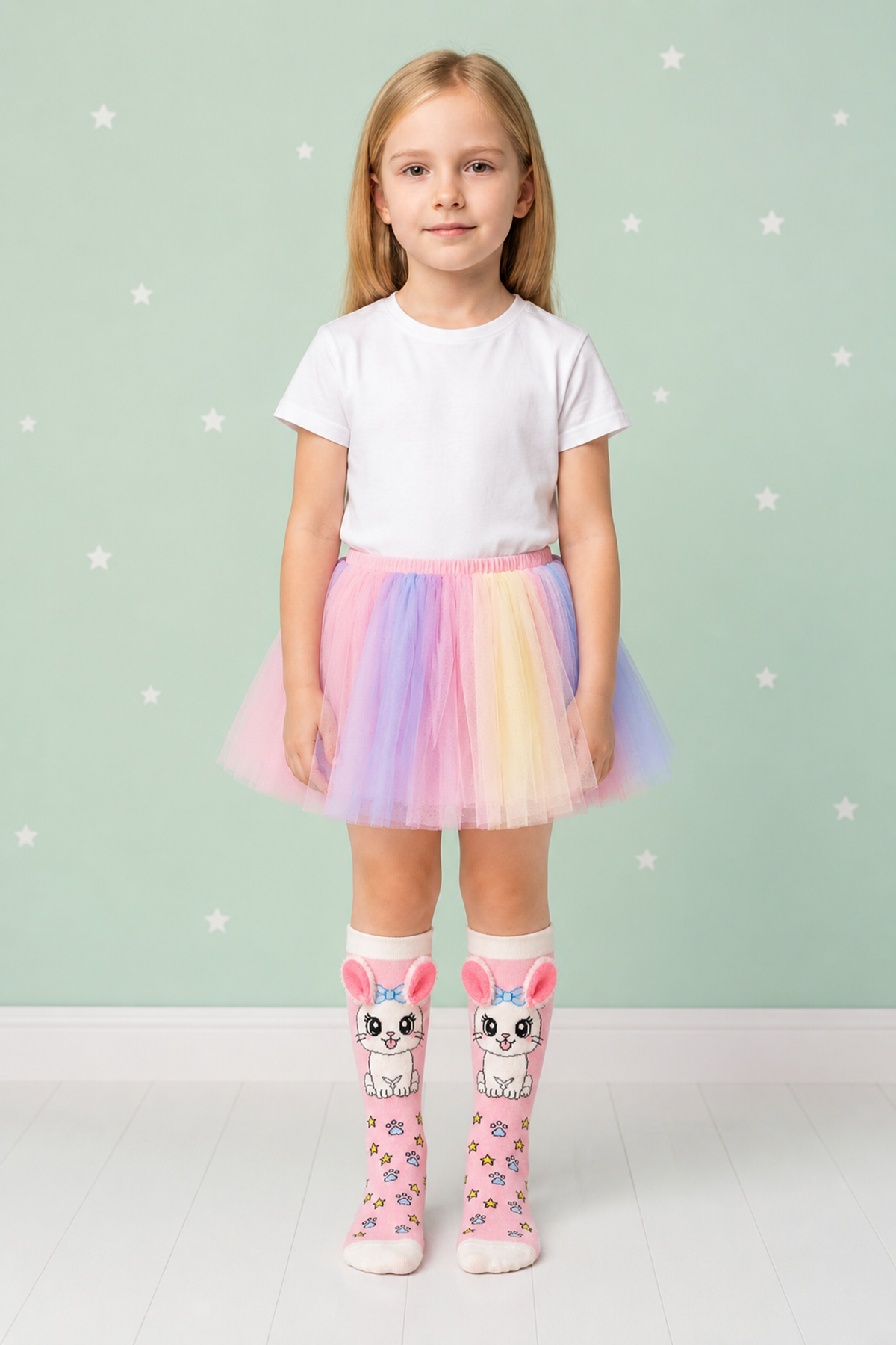 3D Bunny Ear Pink Girls Cotton Knee-High Socks