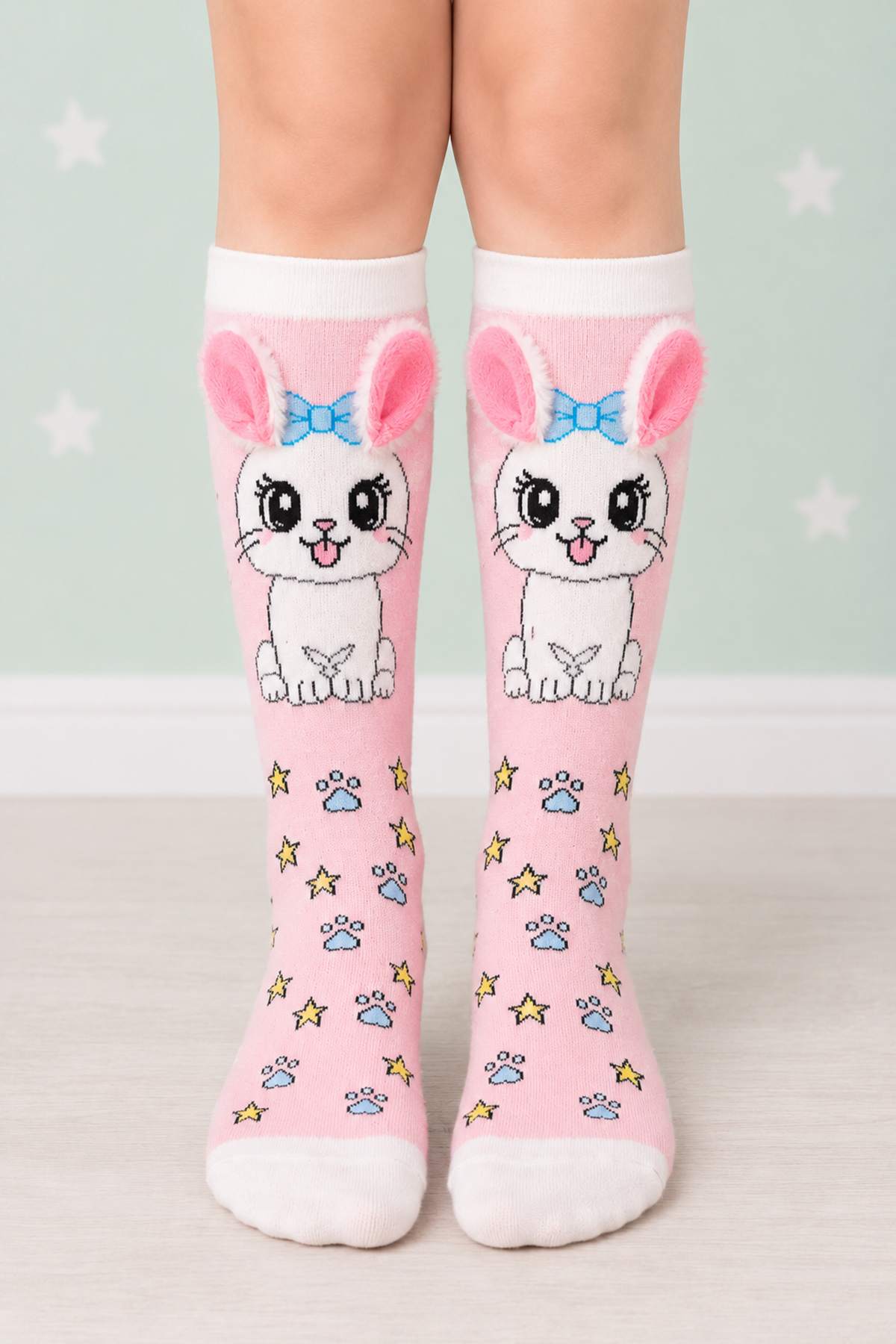 3D Bunny Ear Pink Girls Cotton Knee-High Socks