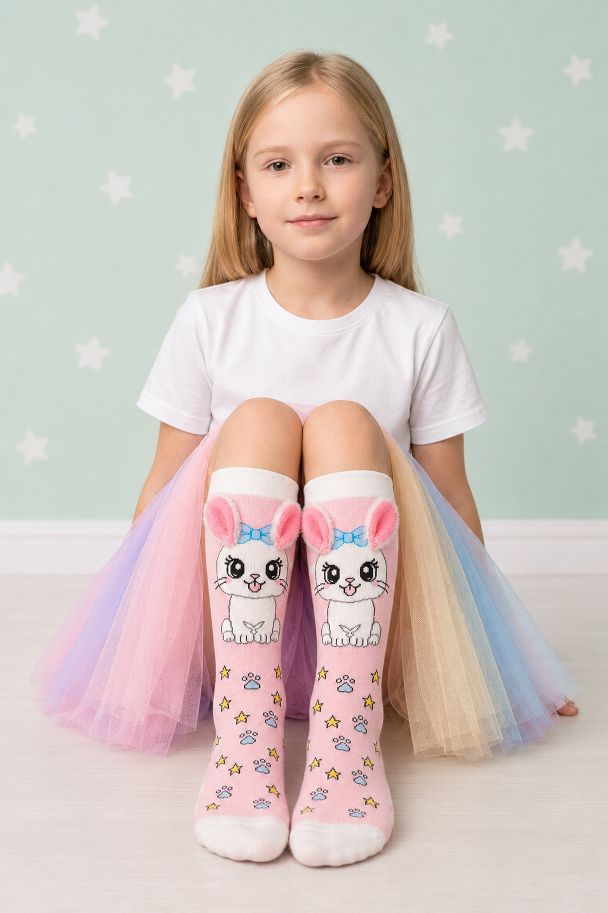 3D Bunny Ear Pink Girls Cotton Knee-High Socks