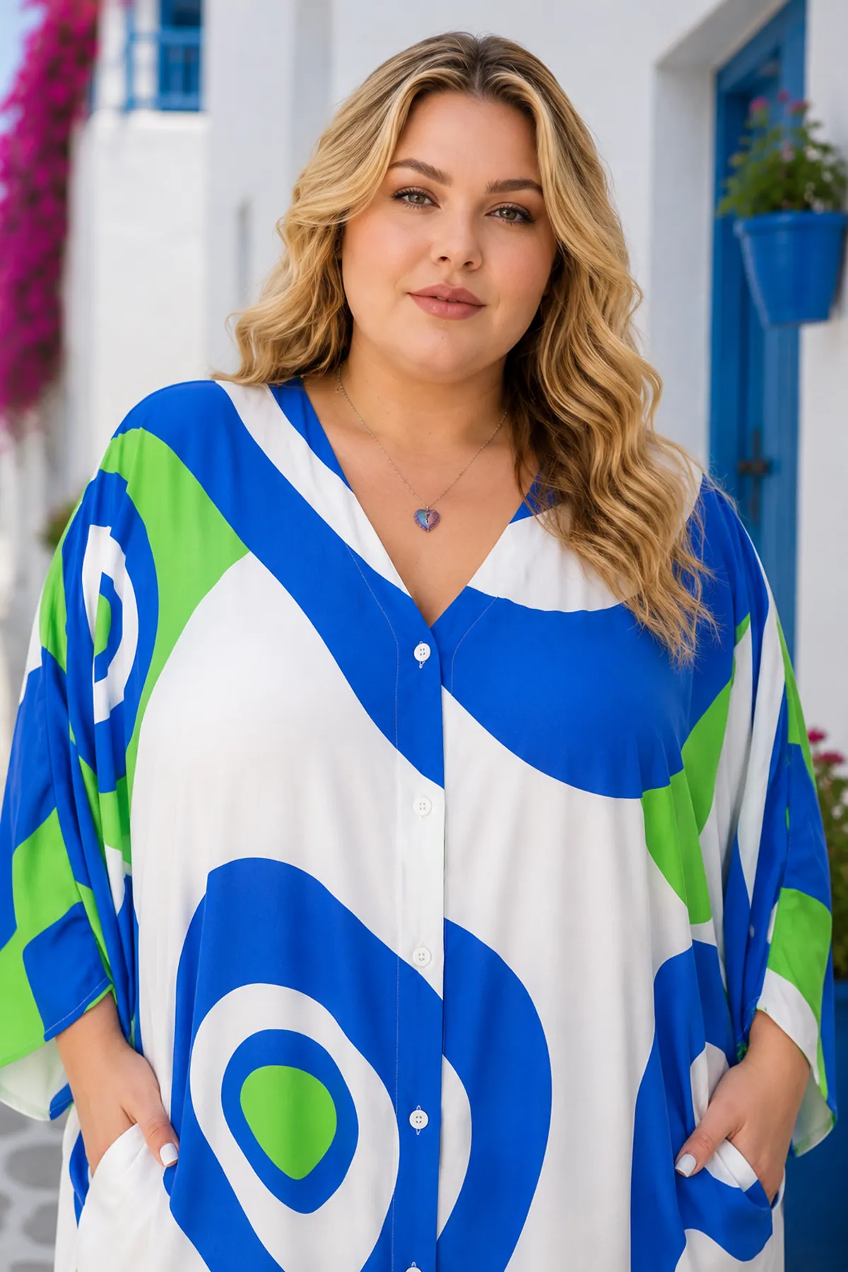 Women's White Patterned Viscose Plus Size Shirt Dress with Pockets – Long Summer Model