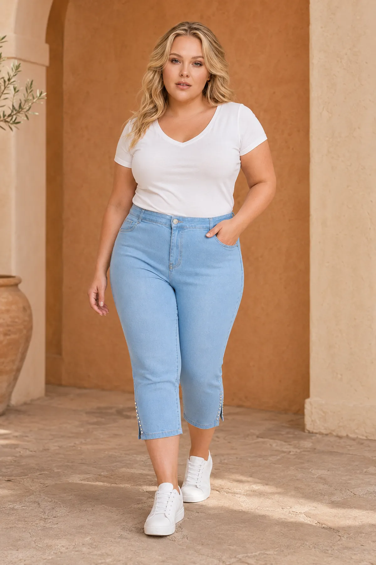 Navy Blue Women's Plus Size Summer Tencel Stretch Rhinestone Detail Capri Bermuda Denim Pants