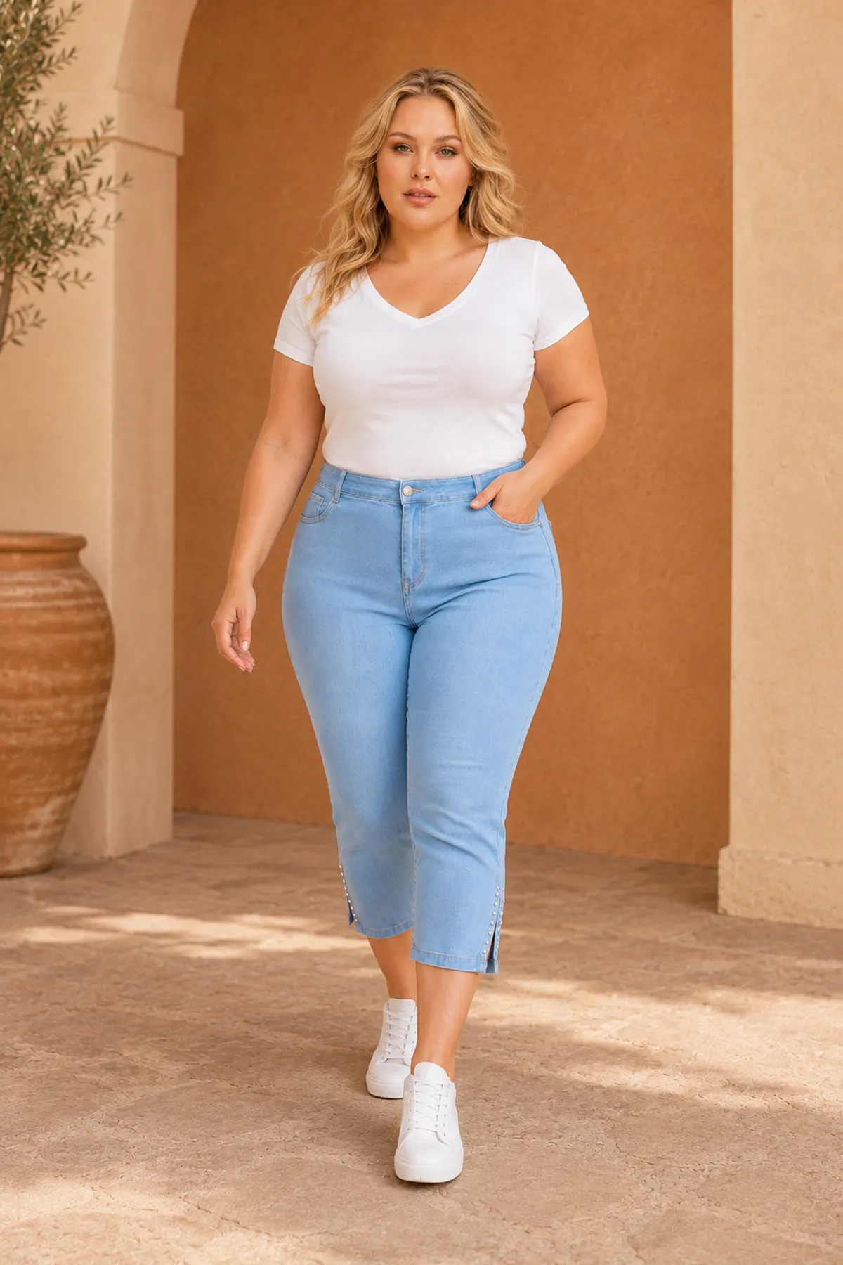 Navy Blue Women's Plus Size Summer Tencel Stretch Rhinestone Detail Capri Bermuda Denim Pants
