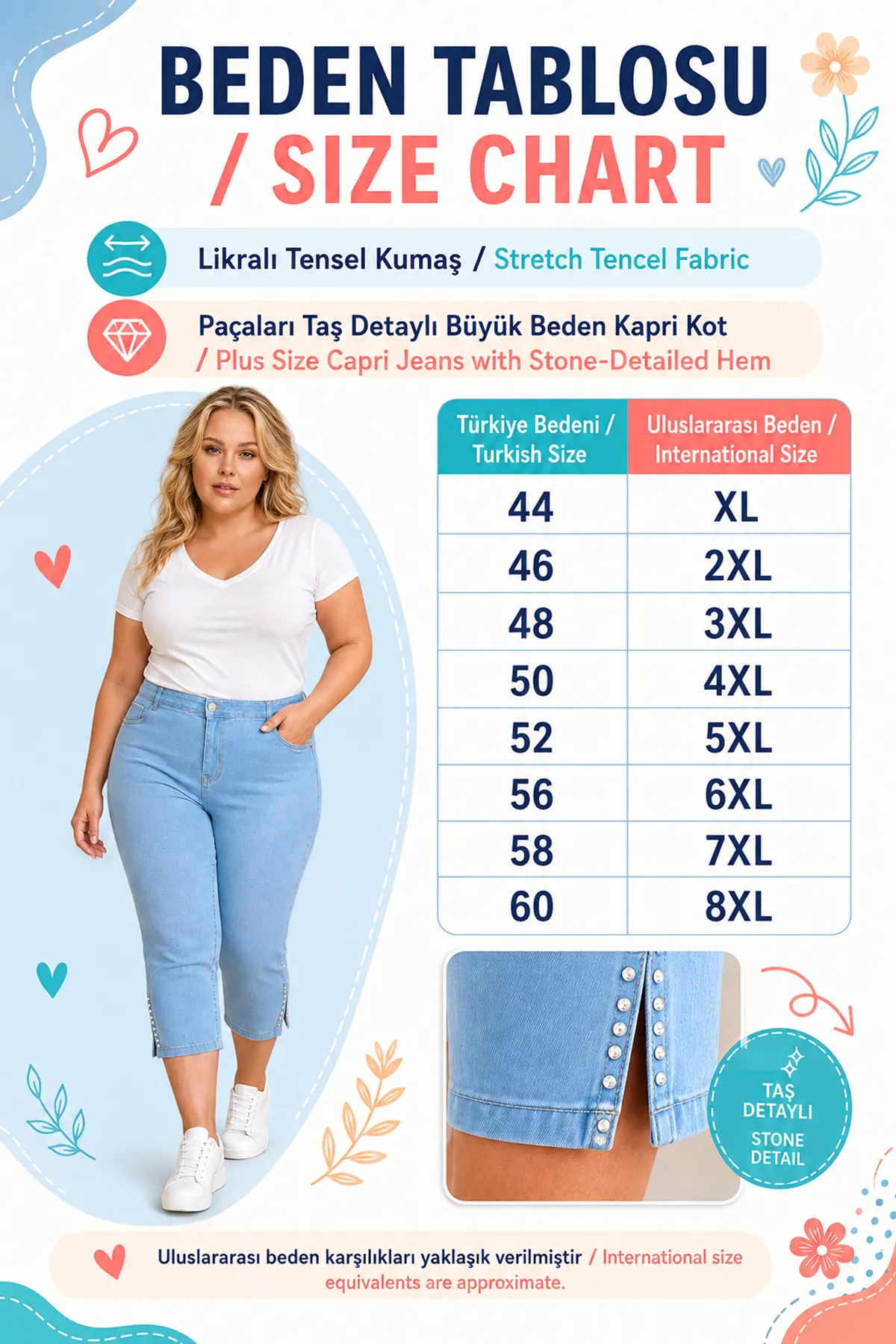 Navy Blue Women's Plus Size Summer Tencel Stretch Rhinestone Detail Capri Bermuda Denim Pants