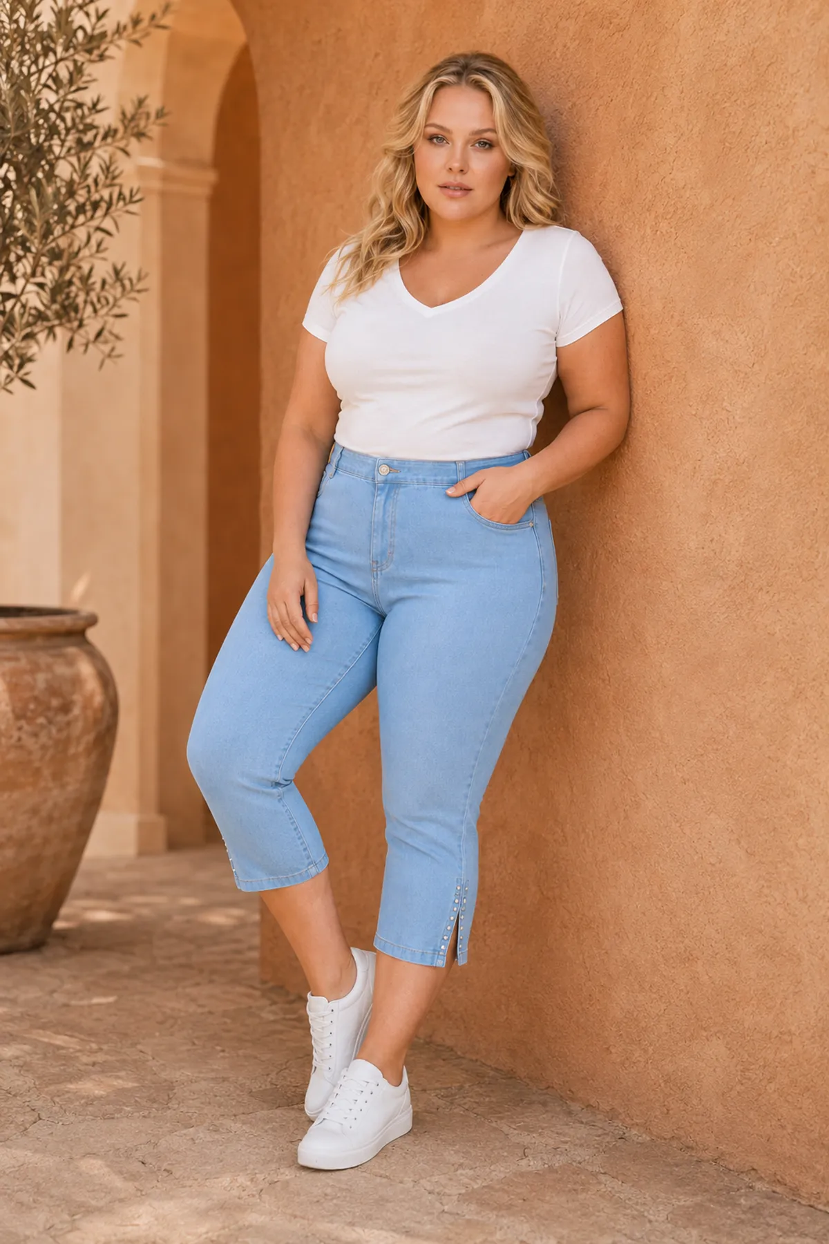 Navy Blue Women's Plus Size Summer Tencel Stretch Rhinestone Detail Capri Bermuda Denim Pants