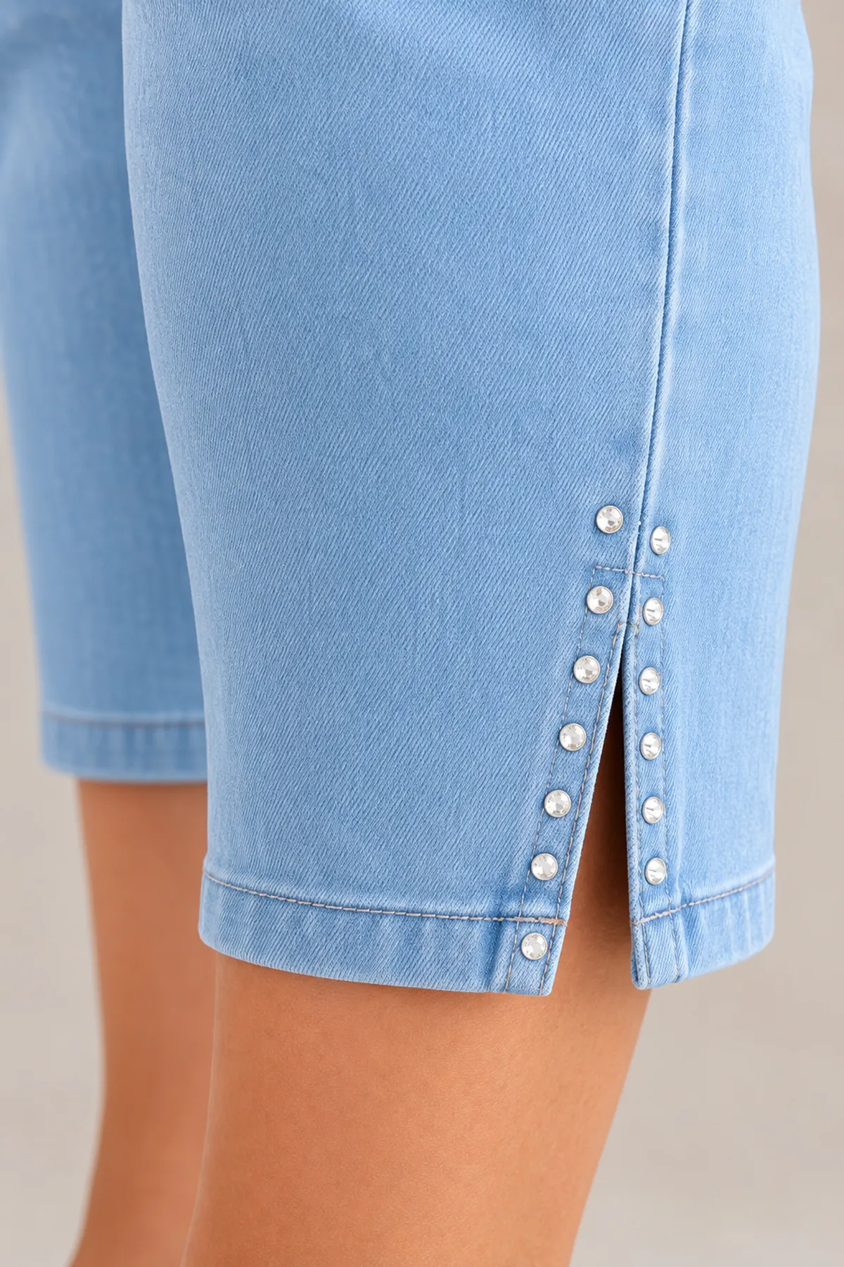 Navy Blue Women's Plus Size Summer Tencel Stretch Rhinestone Detail Capri Bermuda Denim Pants
