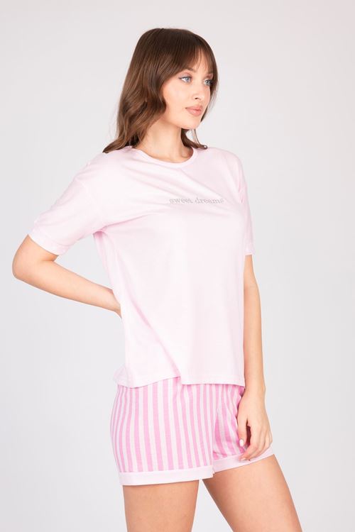 Kadın Taş Detaylı Pembe Şortlu Yazlık Pijama Takımı