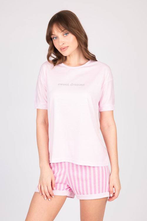 Kadın Taş Detaylı Pembe Şortlu Yazlık Pijama Takımı