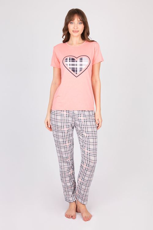  Women's Short-Sleeve Multi-Colored Plaid Patterned Pajama Set with Hearts